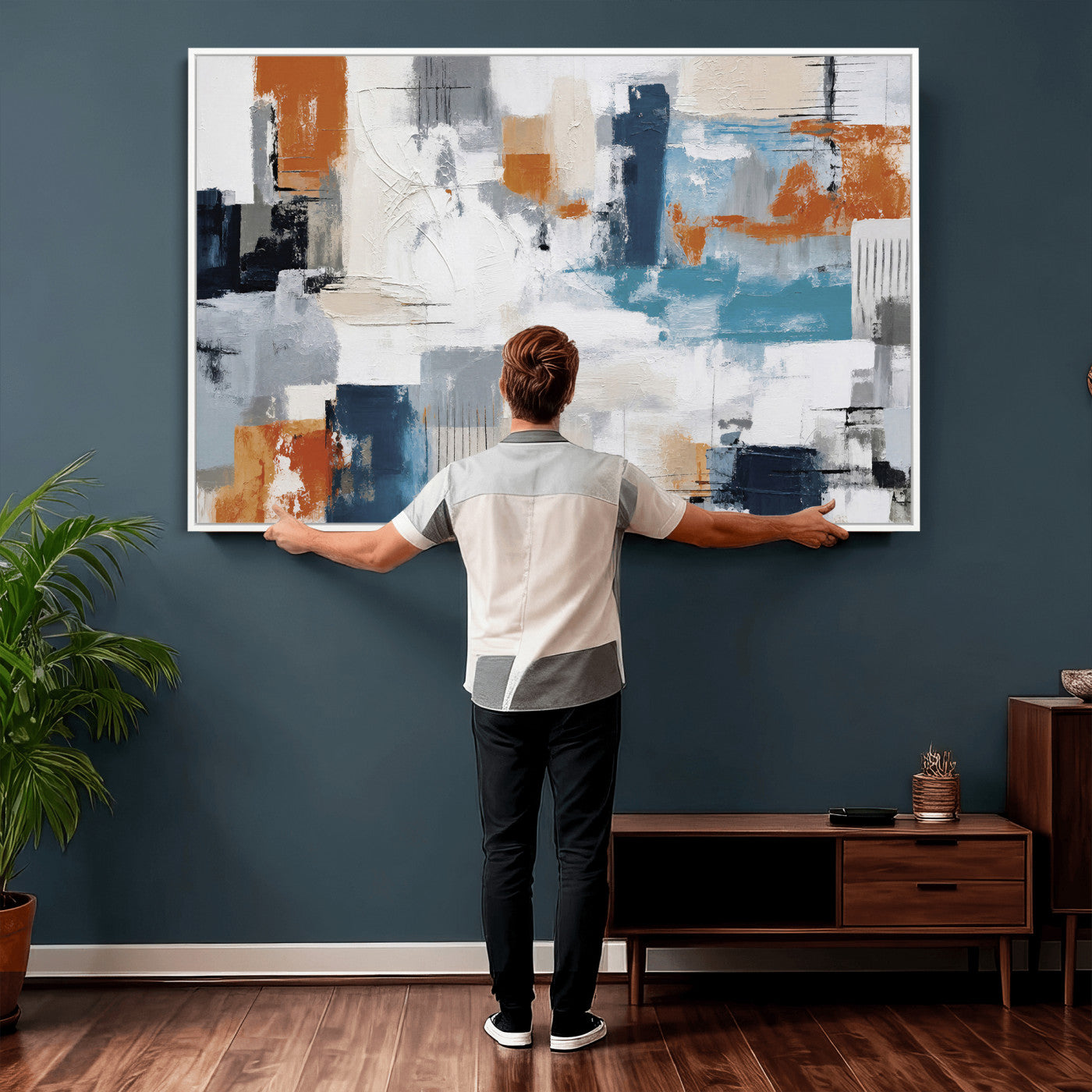 44950303-MGV-CV-36X24 - Blue Teal Abstract Canvas Wall Art, Modern Textured Painting Print, Navy Orange White Contemporary Art, Neutral Living Room Decor, Office Art