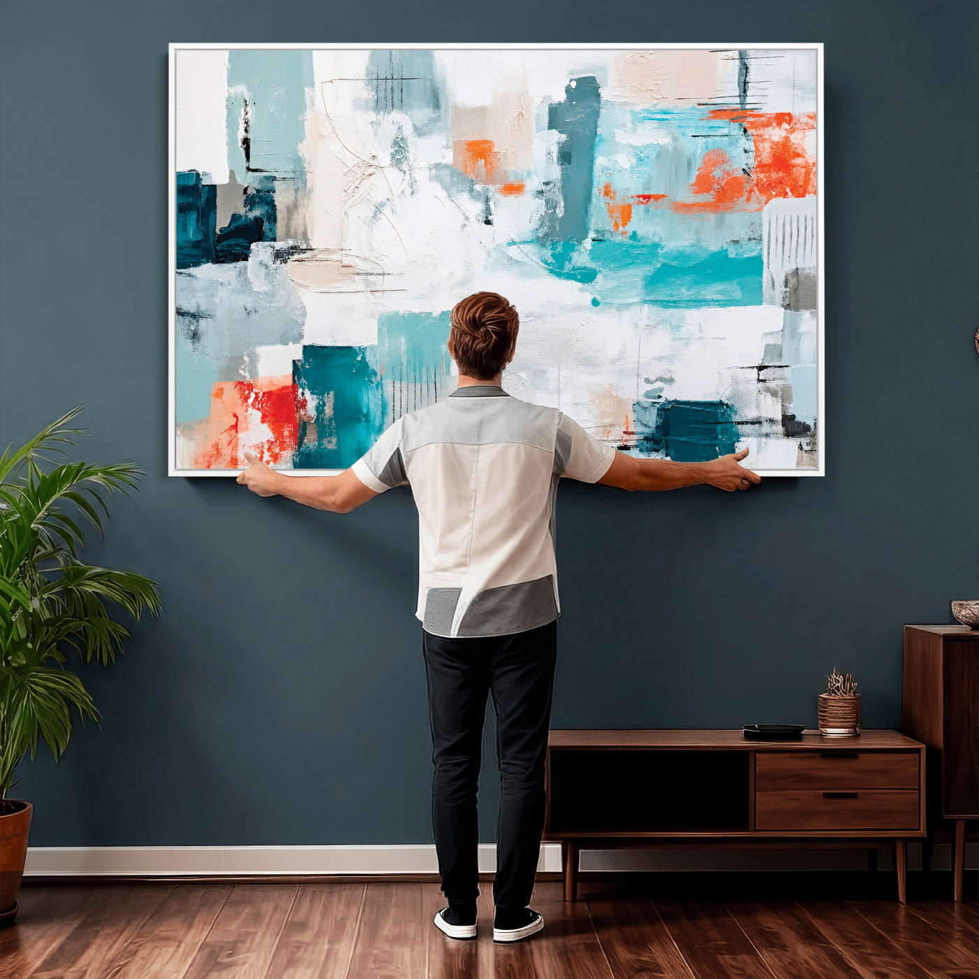 98638479-MGV-CV-36X24 - Blue Teal Abstract Canvas Wall Art | Modern Textured Painting Print, Navy Orange White Contemporary Art, Neutral Living Room Decor, Office Art