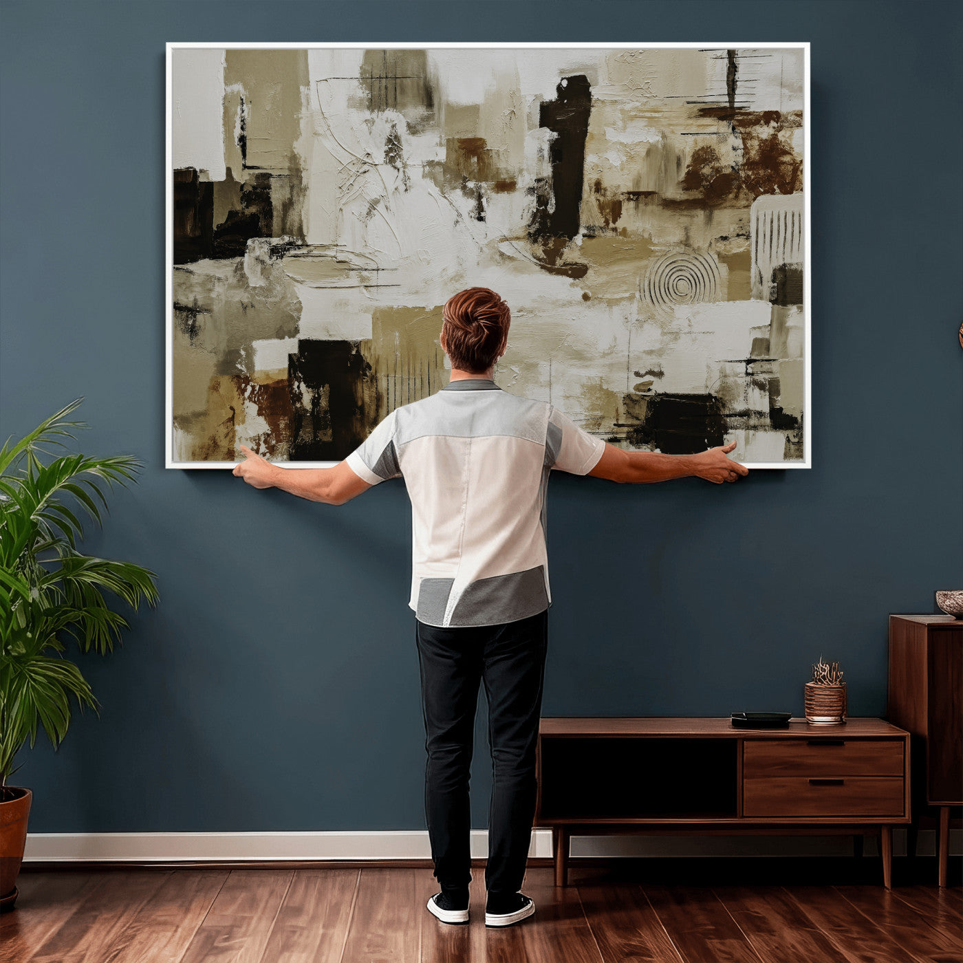 15668286-MGV-CV-36X24 - Blue Teal Abstract Canvas Wall Art, Modern Textured Painting Print, Navy Orange White Contemporary Art, Neutral Living Room Decor, Office Art