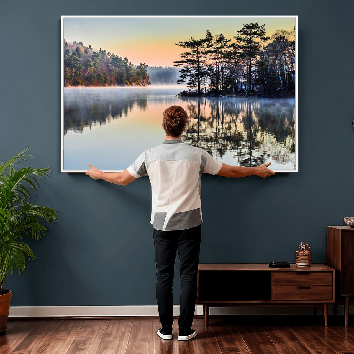 34236027-MGV-CV-36X24 - Before People Wake Canvas Wall Art Print, Misty Lake Sunrise Landscape, Forest Reflection Nature Decor, Ready to Hang