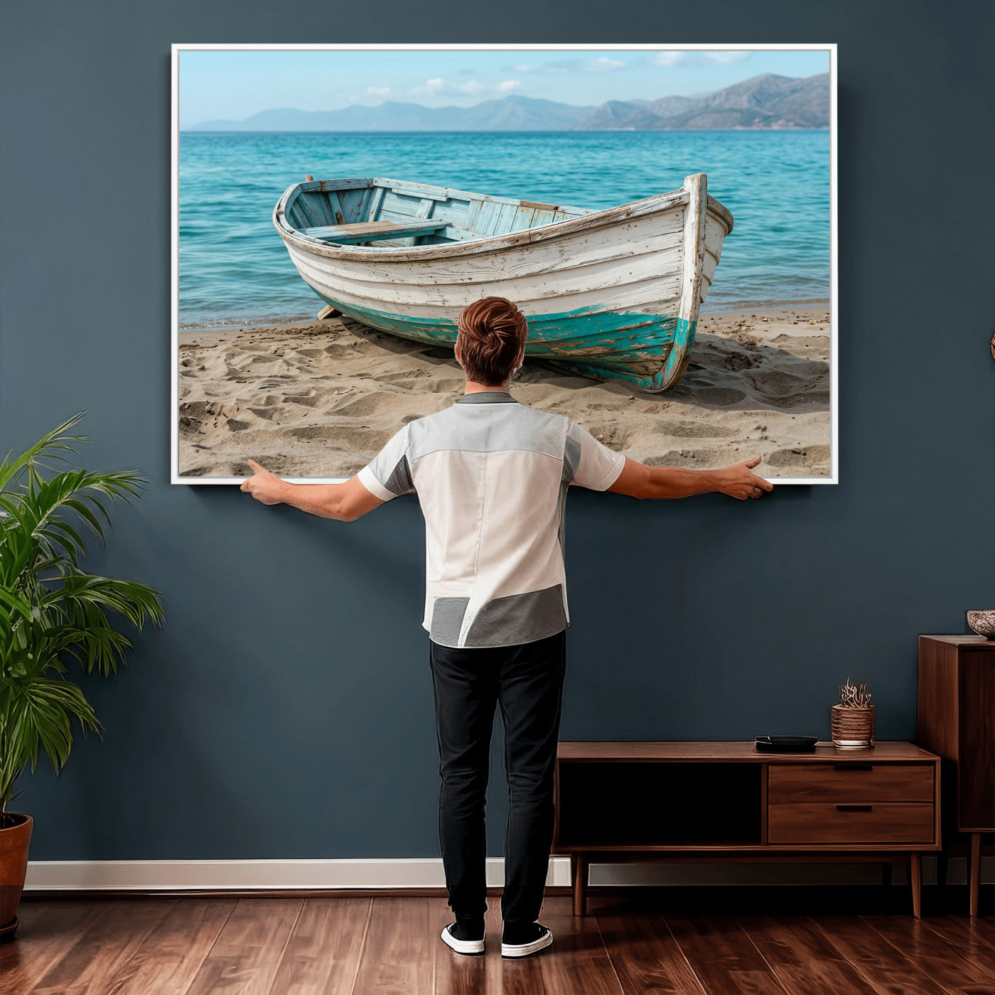 49963709-MGV-CV-36X24 - Coastal Boat Canvas Wall Art Print, Beach Boat Painting, Nautical Ocean Decor, Seascape Wall Art, Ready to Hang