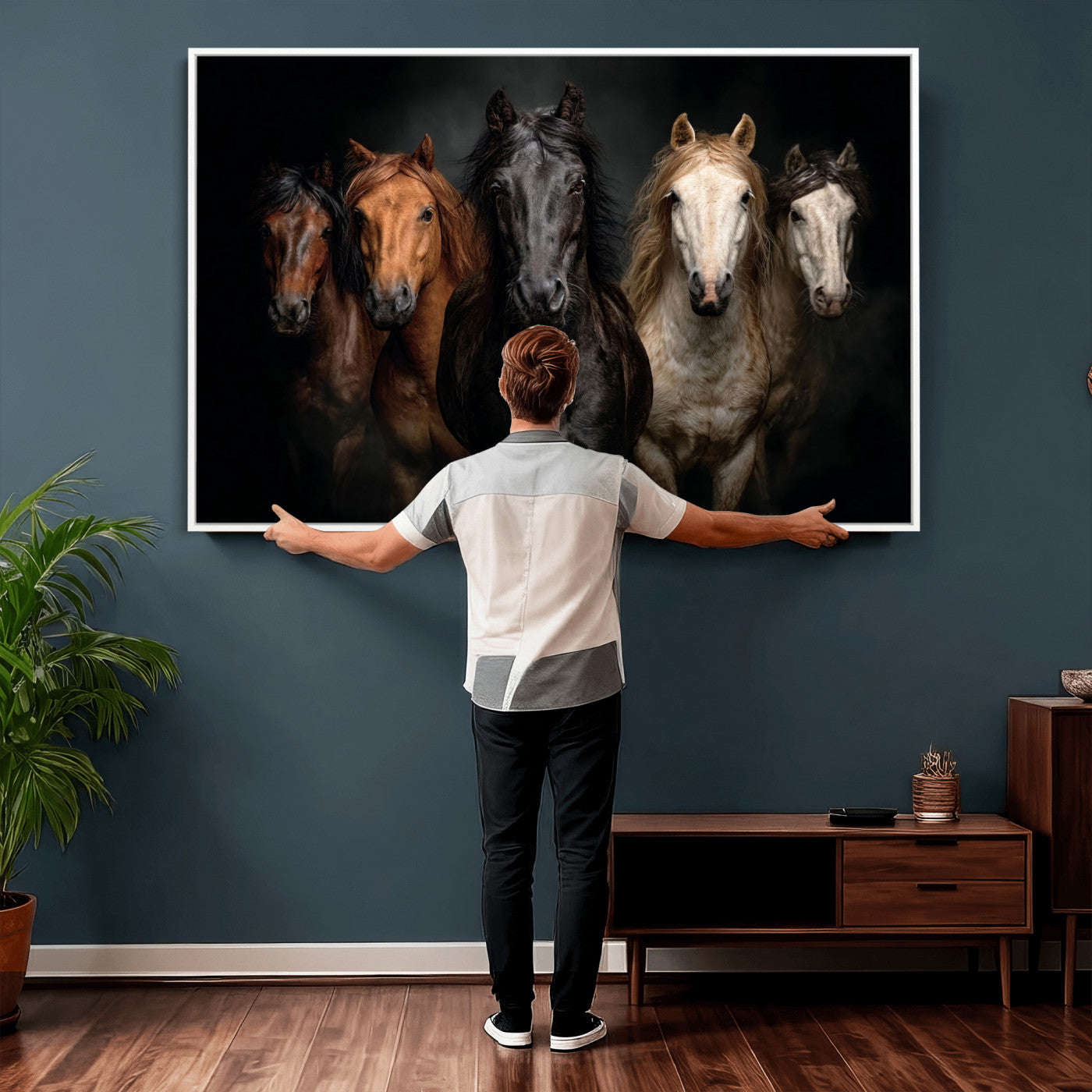 77696206-MGV-CV-36X24 - Horse Wall Art Canvas Print, Wild Horses Portrait Photography, Animal Horse Decor, Black Brown White Horse Herd, Rustic Ranch Art