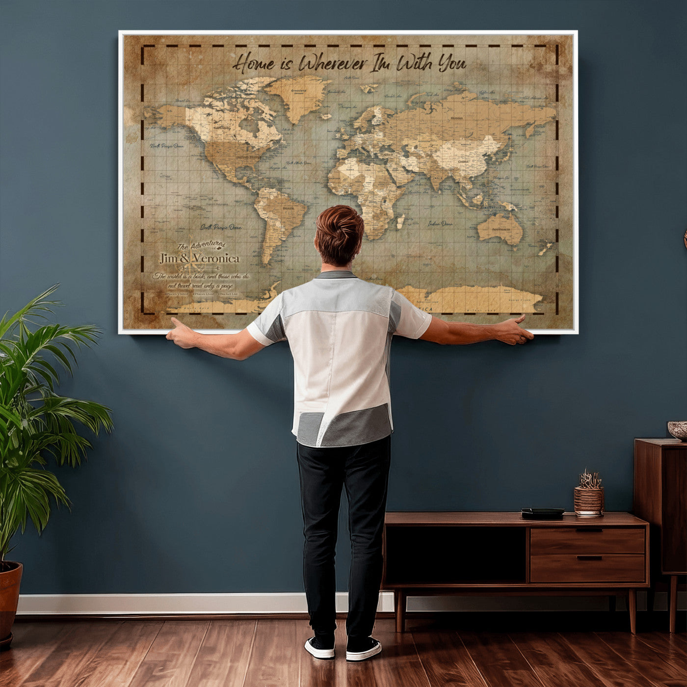 97123877-MGV-CV-36X24 - Vintage Custom Push Pin World Map, Vintage Travel Map Canvas, Personalized Names Anniversary Gift, Places Visited Pin Board, Couples Adventure Art