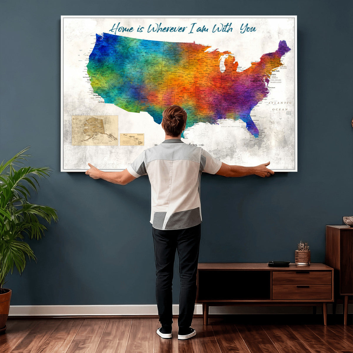 17251793-MGV-CV-36X24 - Watercolor USA Travel Map with Pins Colorful Modern Canvas Wall Art