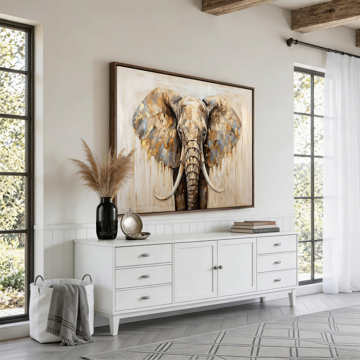 95819221-MGV-CV-36X24 - Gold Leaf Elephant Canvas Wall Art Abstract African Wildlife Painting Print