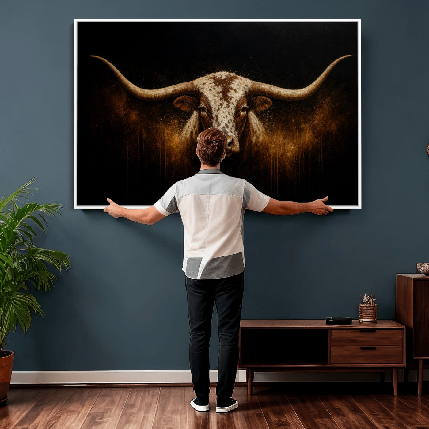 12628958-MGV-CV-36X24 - Texas Longhorn Canvas Wall Art Moody Western Bull Oil Painting Print