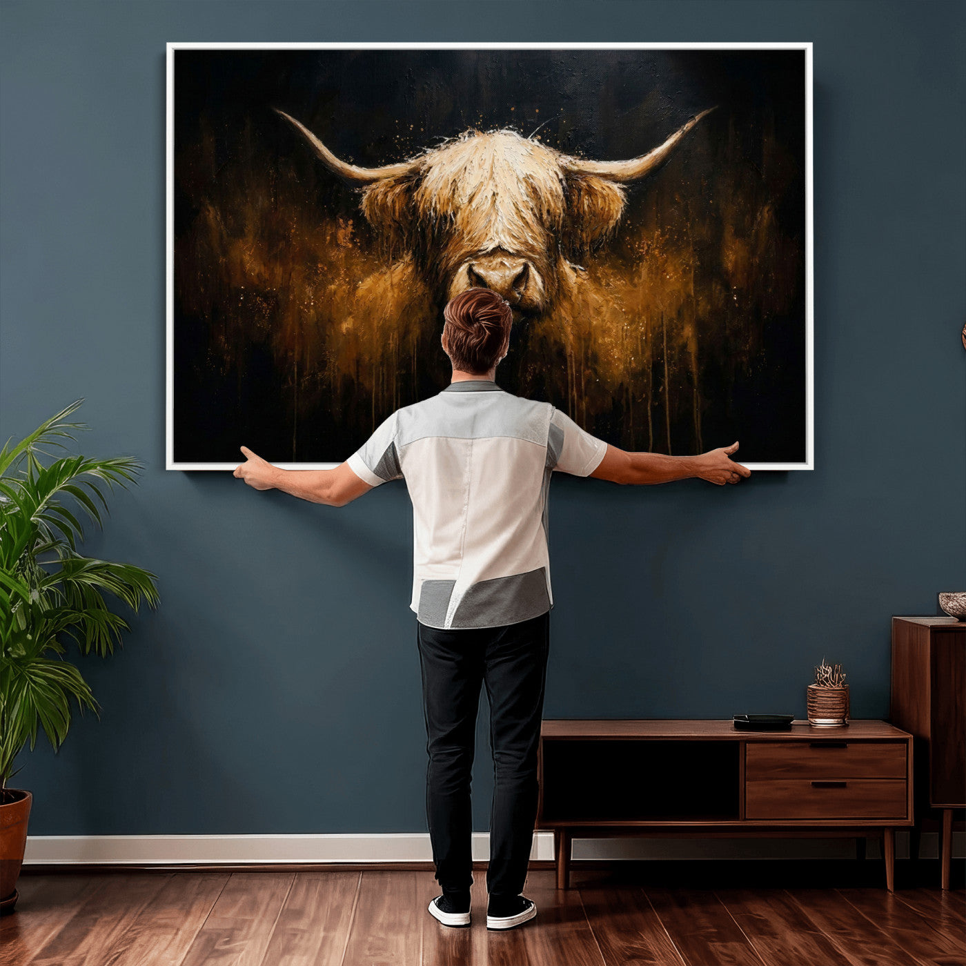 79873059-MGV-CV-36X24 - Rustic Highland Cow Canvas Print Dark Farmhouse Cattle Wall Decor