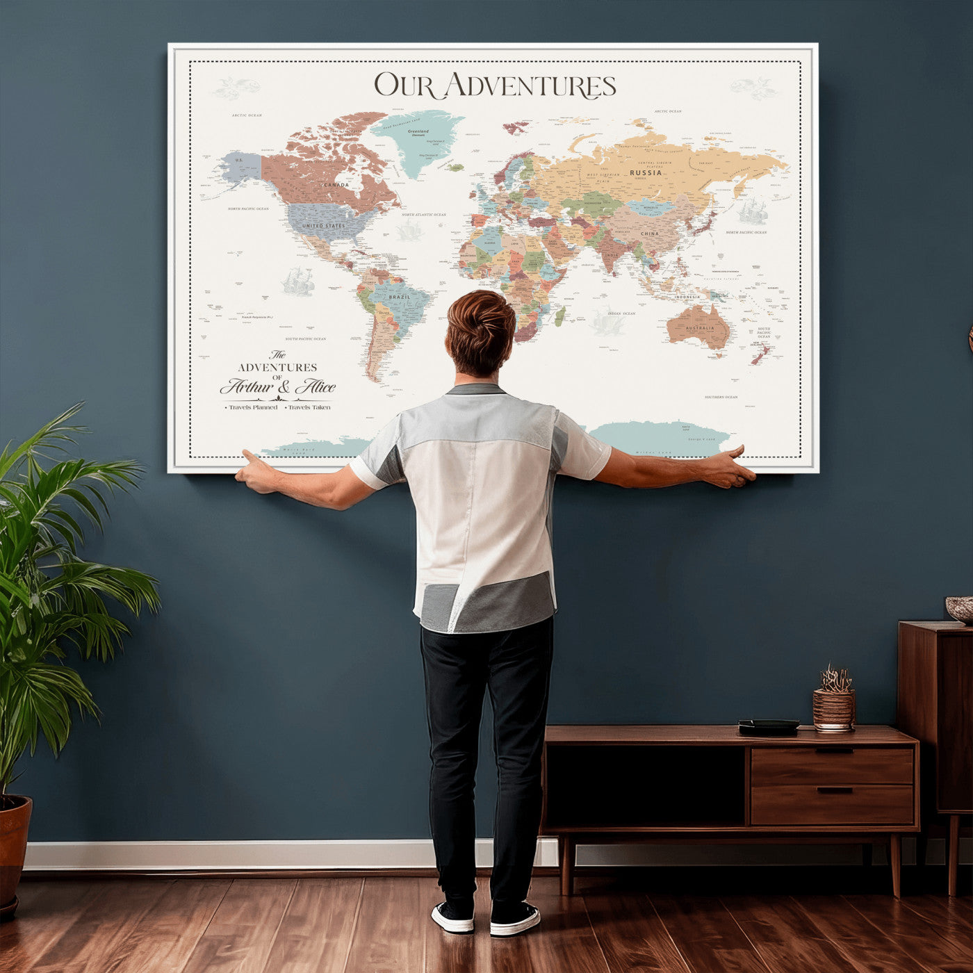 NEWMAP-4-MGV-CV-36X24 - Push Pin Customize World Map with Pins Board Wall Art Canvas Print