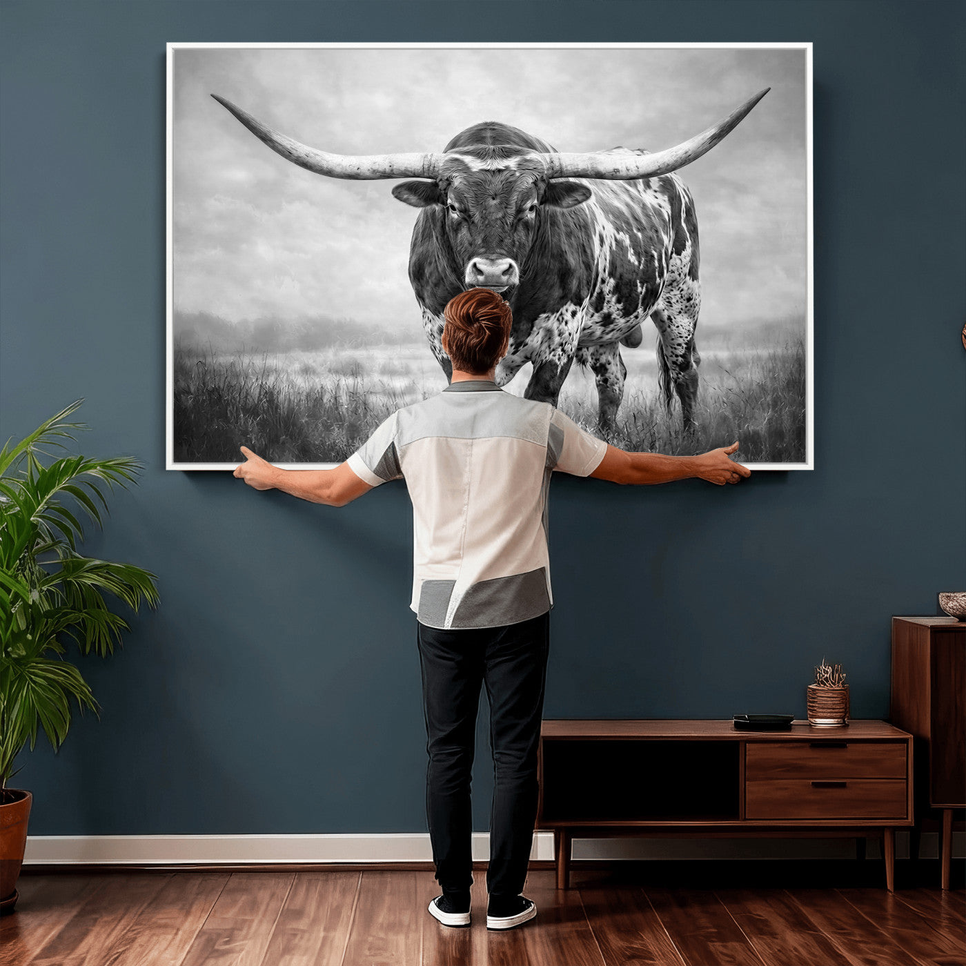 11121585-MGV-CV-36X24 - Texas Bull Wall Art Canvas Print for Farmhouse Restaurant Wall Decor