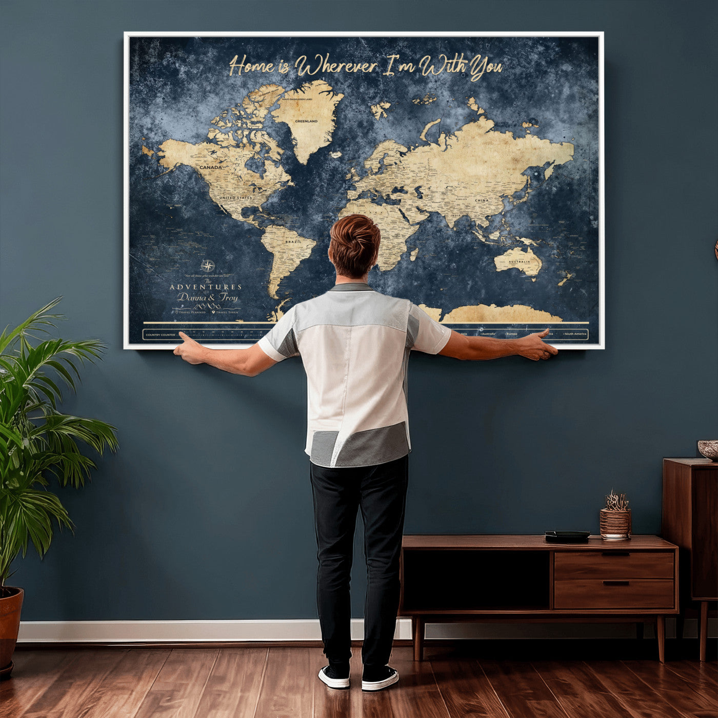 400867BL-MGV-CV-36X24 - Framed Blue Custom Push Pin World Map Canvas Print – Personalized Travel Map Wall Art