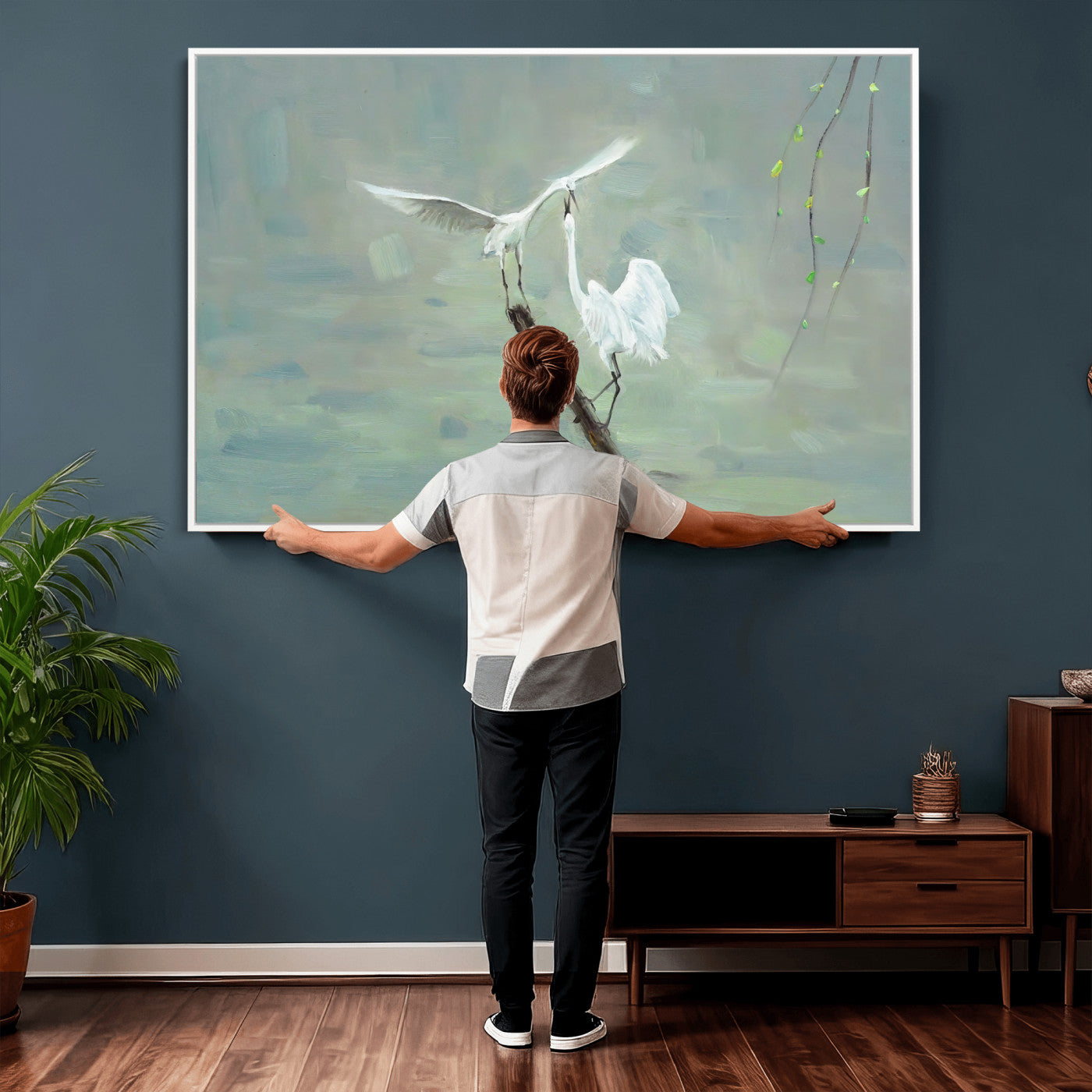 91124838-MGV-CV-36X24 - Two White Egrets on Marsh Branch Wall Art Canvas Print - Vintage Style Coastal Bird Poster