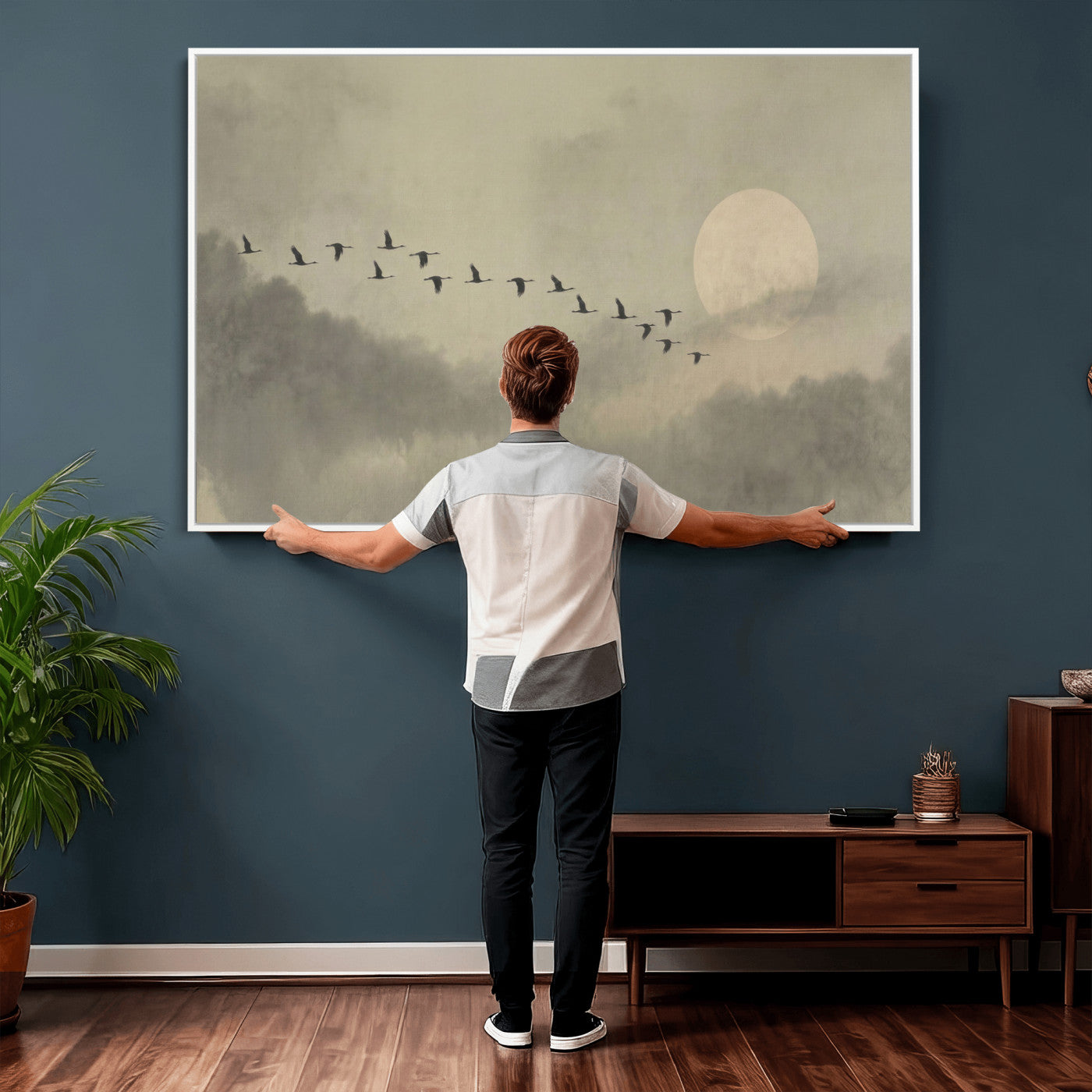 12098149-MGV-CV-36X24 - Flock of Birds Flying to Full Moon Wall Art Canvas Print - Vintage Surreal Clouds Painting