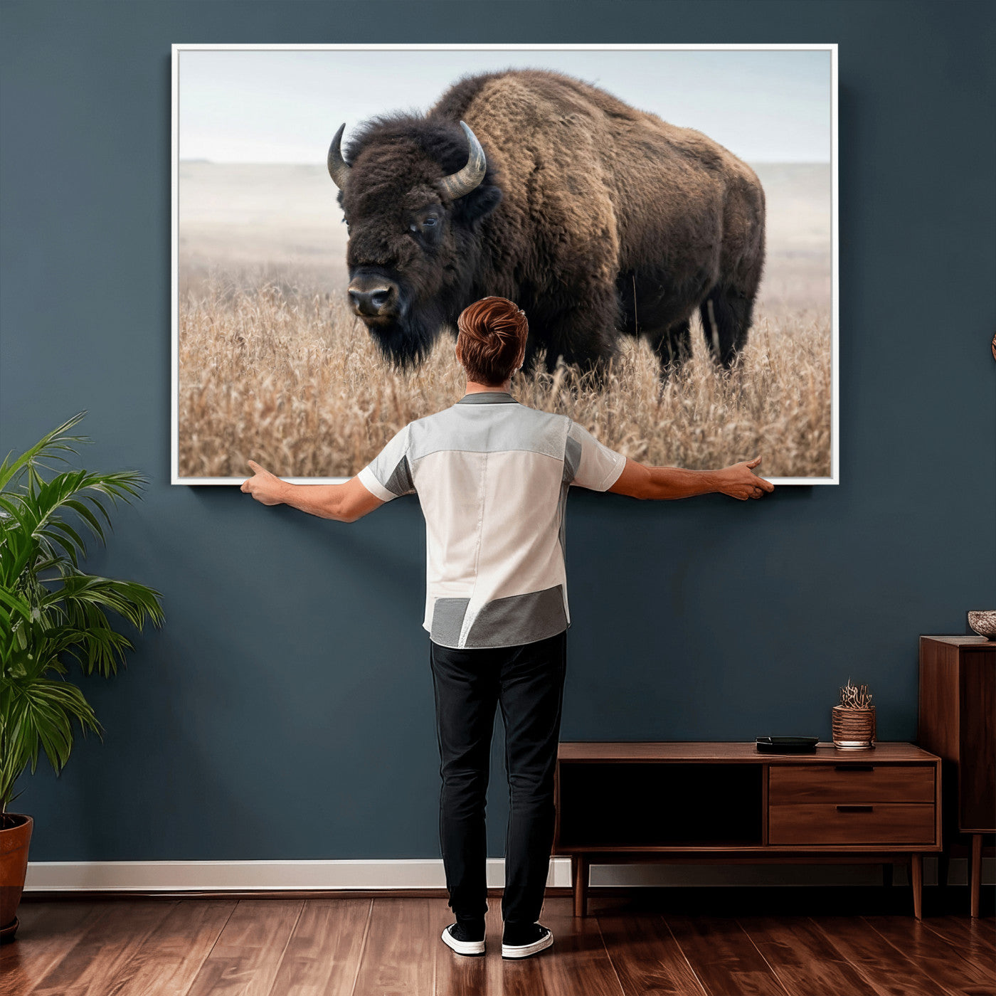 81029583-MGV-CV-36X24 - American Bison in Prairie Field Wall Art Canvas Print - Rustic Wildlife Photography