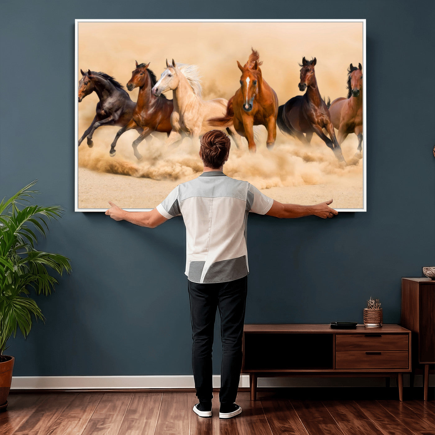 90610949-MGV-CV-36X24 - Herd of Six Wild Horses Galloping in Dust Storm Wall Art Canvas Print - Majestic Wildlife Decor