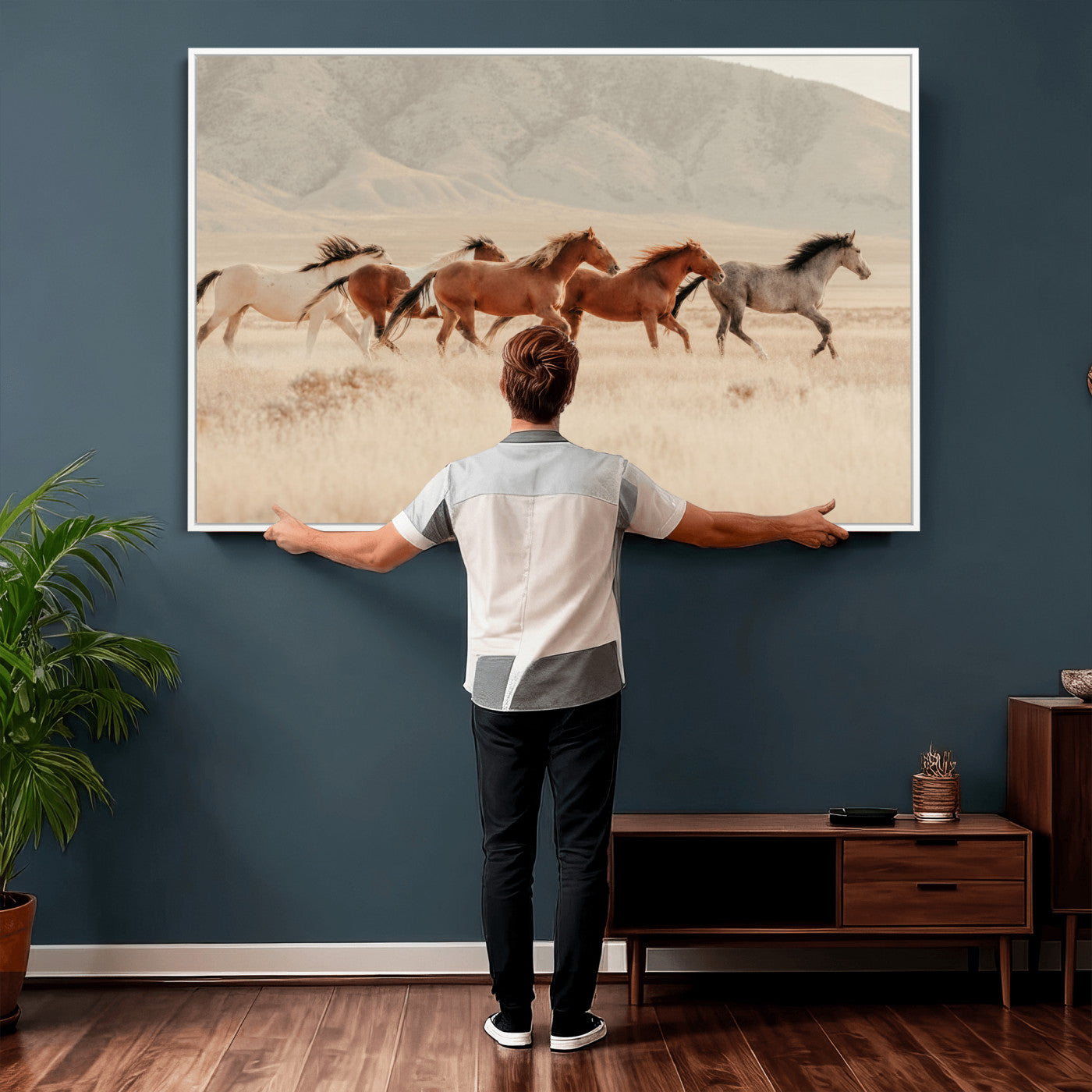43348446-MGV-CV-36X24 - Herd of Wild Horses Running in Desert Mountain Wall Art Canvas Print - Boho Western Landscape