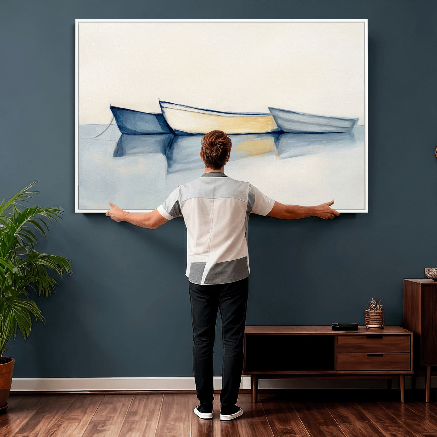 84017361-MGV-CV-36X24 - Abstract Three Boats Reflecting on Water Wall Art Canvas Print - Minimalist Coastal Seascape