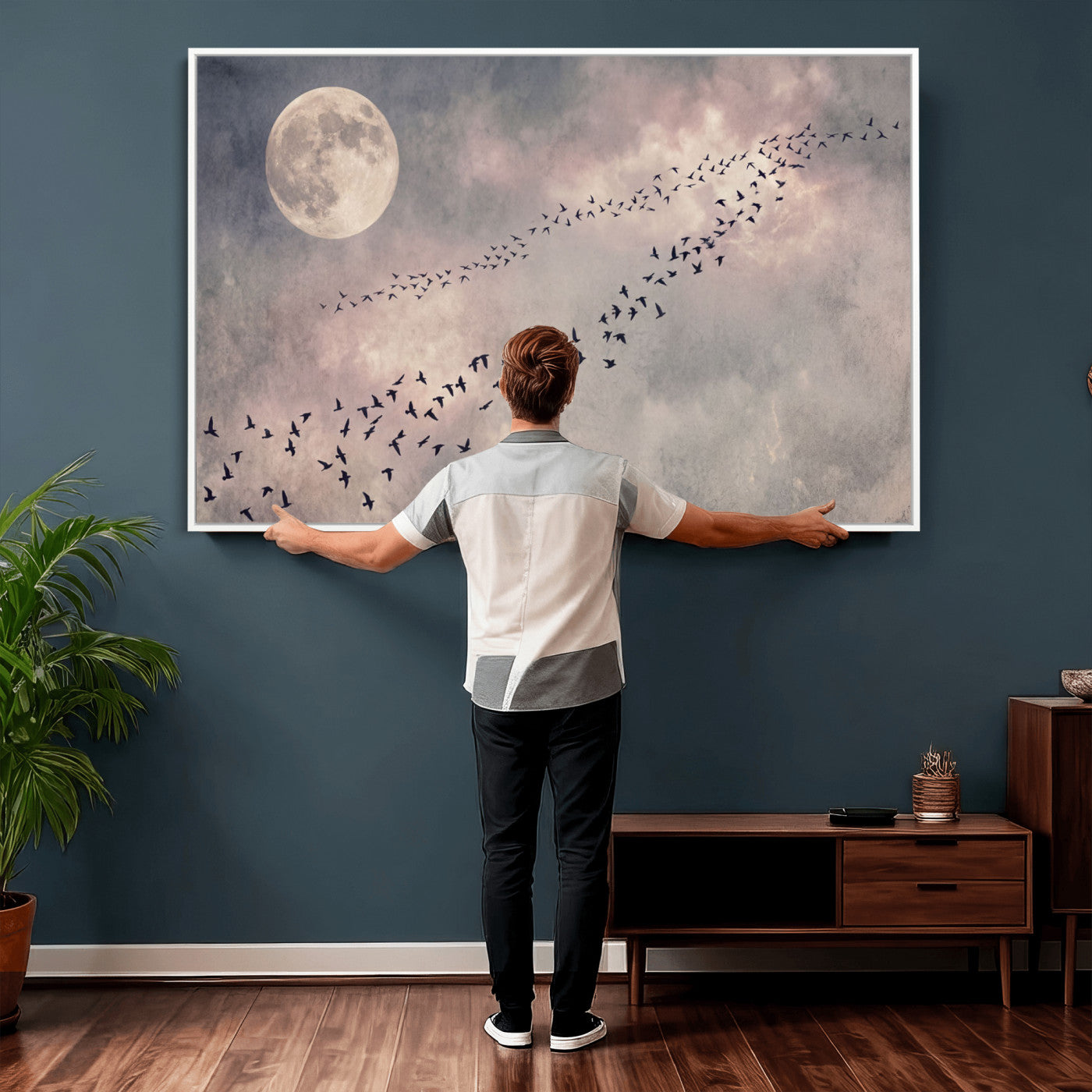 52339590-MGV-CV-36X24 - Birds Flying to Moon Wall Art Canvas Print - Vintage Surreal Night Sky Sky Print