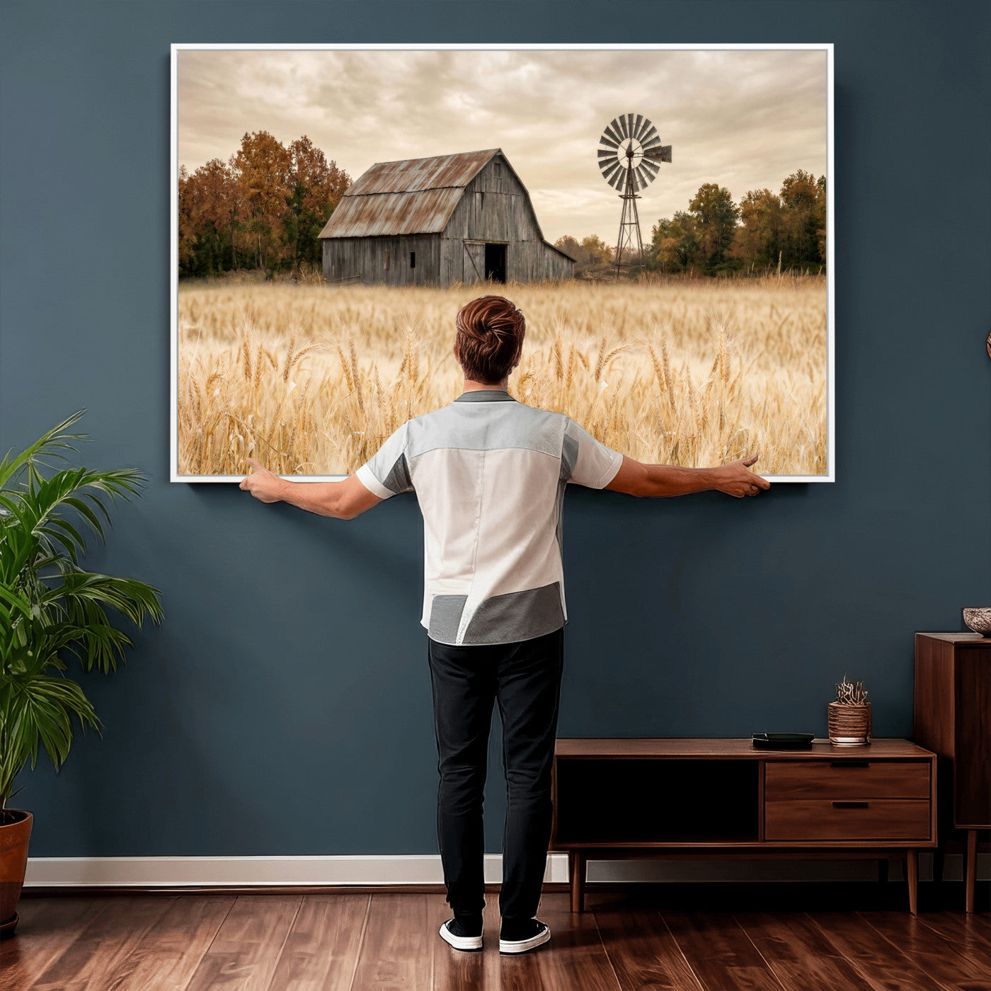 99640659-MGV-CV-36X24 - Rustic Farmhouse Barn and Windmill Wall Art Canvas Print, Country Landscape Photography Print