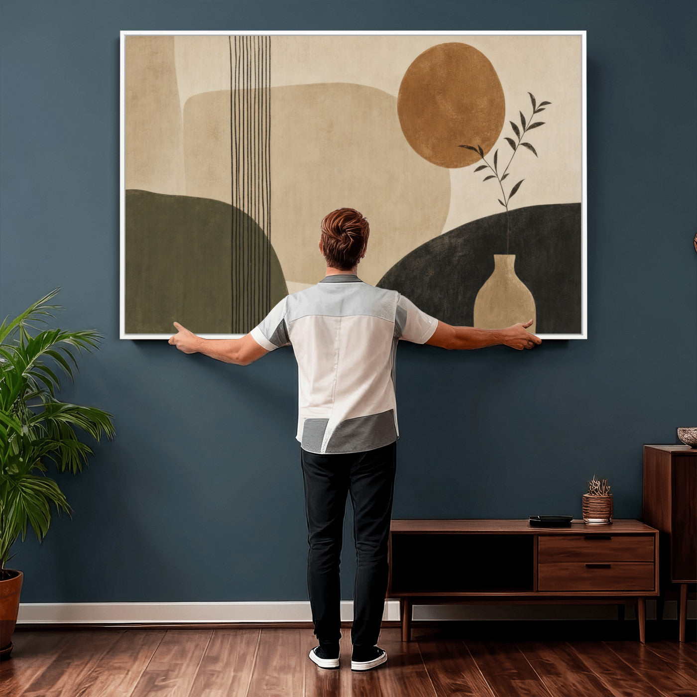 29113684-MGV-CV-36X24 - Japandi Minimalist Abstract Wall Art Canvas Print, Sage Green and Terracotta Sun Botanical Painting Print