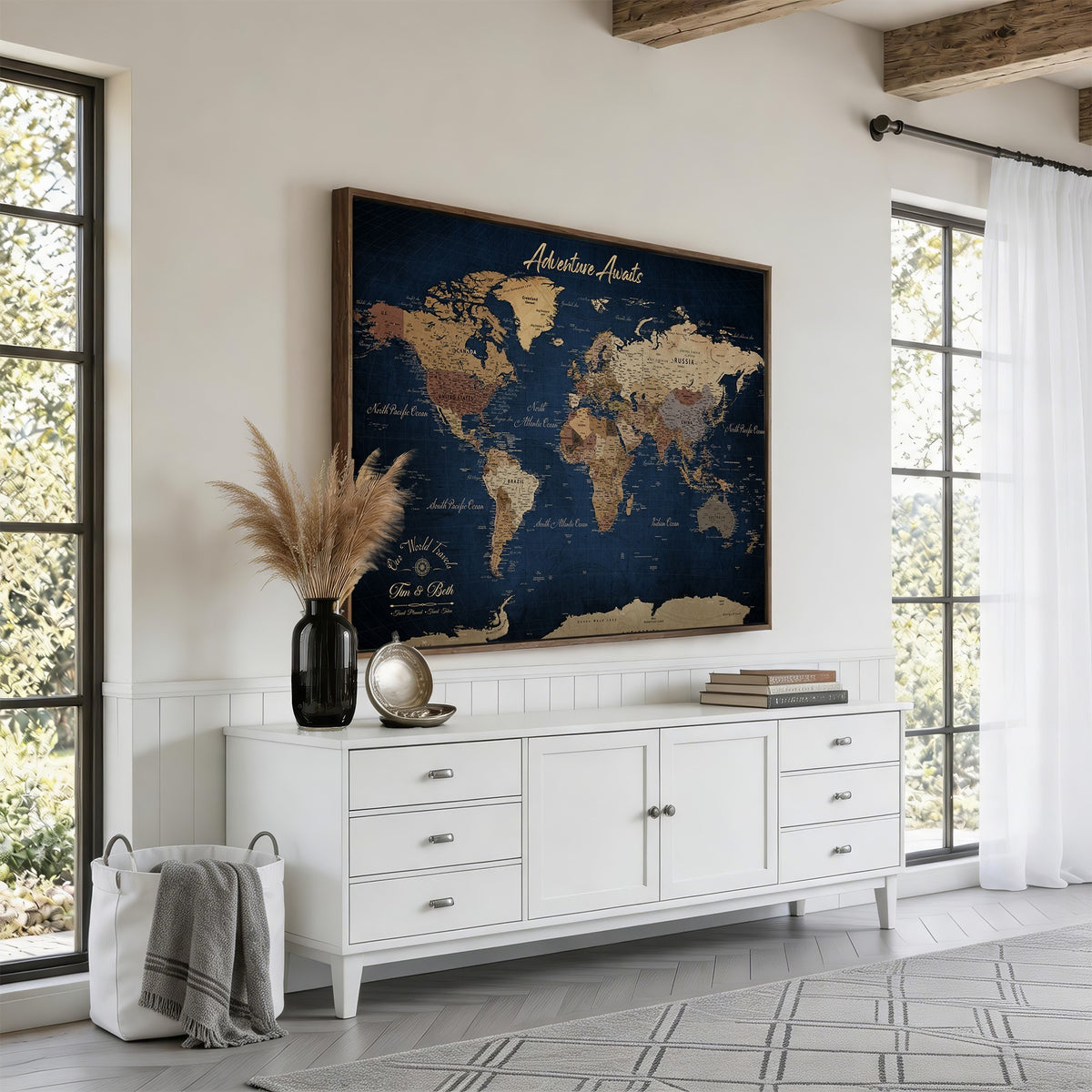 74477969-MGV-CV-36X24 - Custom Push Pin Travel Map Canvas Print, Family Travel Tracker, Study and Entryway Decor