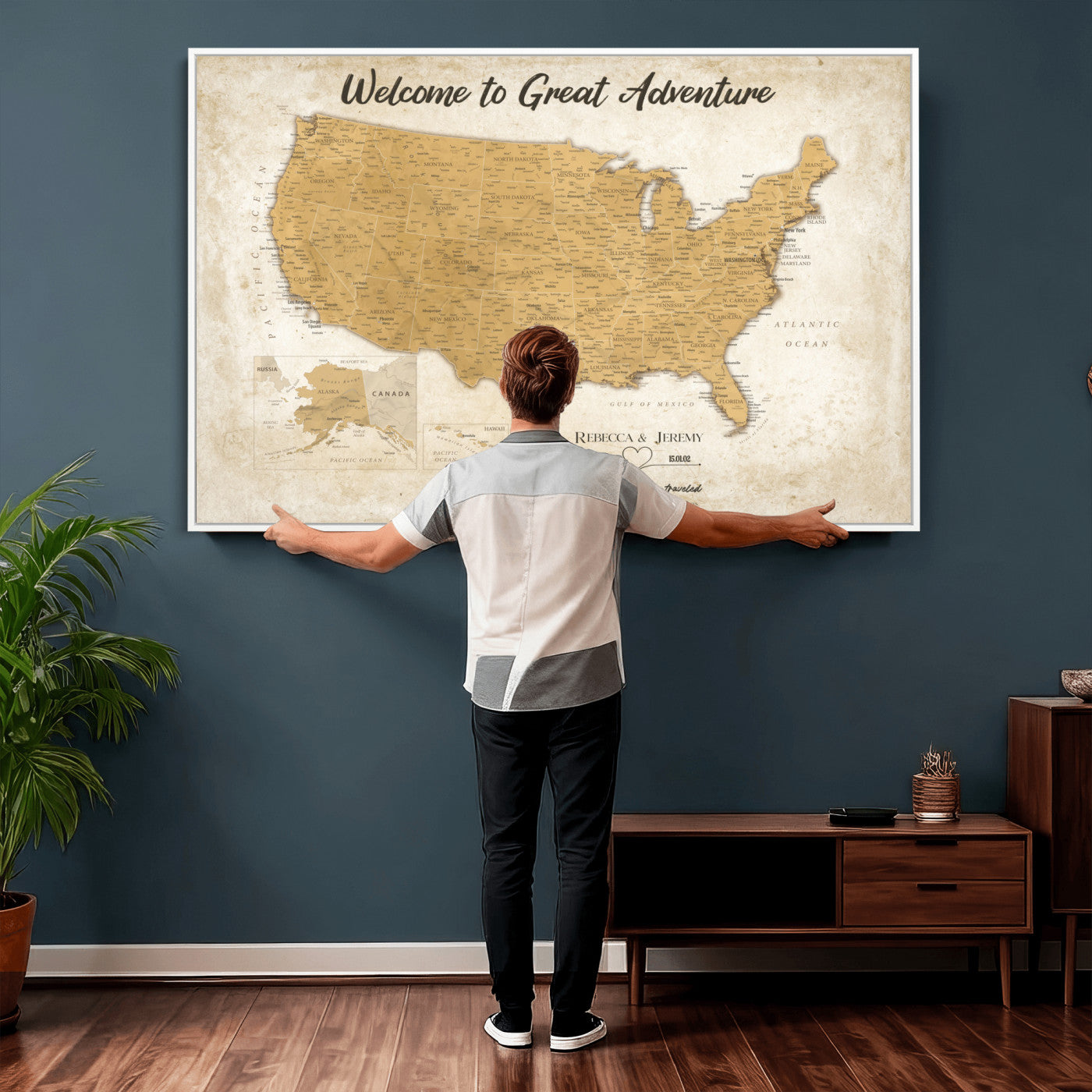81437082-MGV-CV-36X24 - Custom Push Pin Travel USA Map Canvas Print, Cream Personalized Travel Tracker America Map, Anniversary Traveler Gift