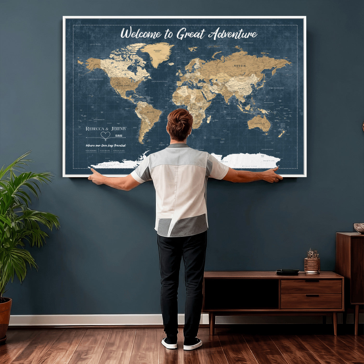 57167164-MGV-CV-36X24 - Custom Push Pin Travel Map Canvas Print, Cream Personalized Travel Tracker Map, Anniversary Gift, Vintage World Map Wall Art
