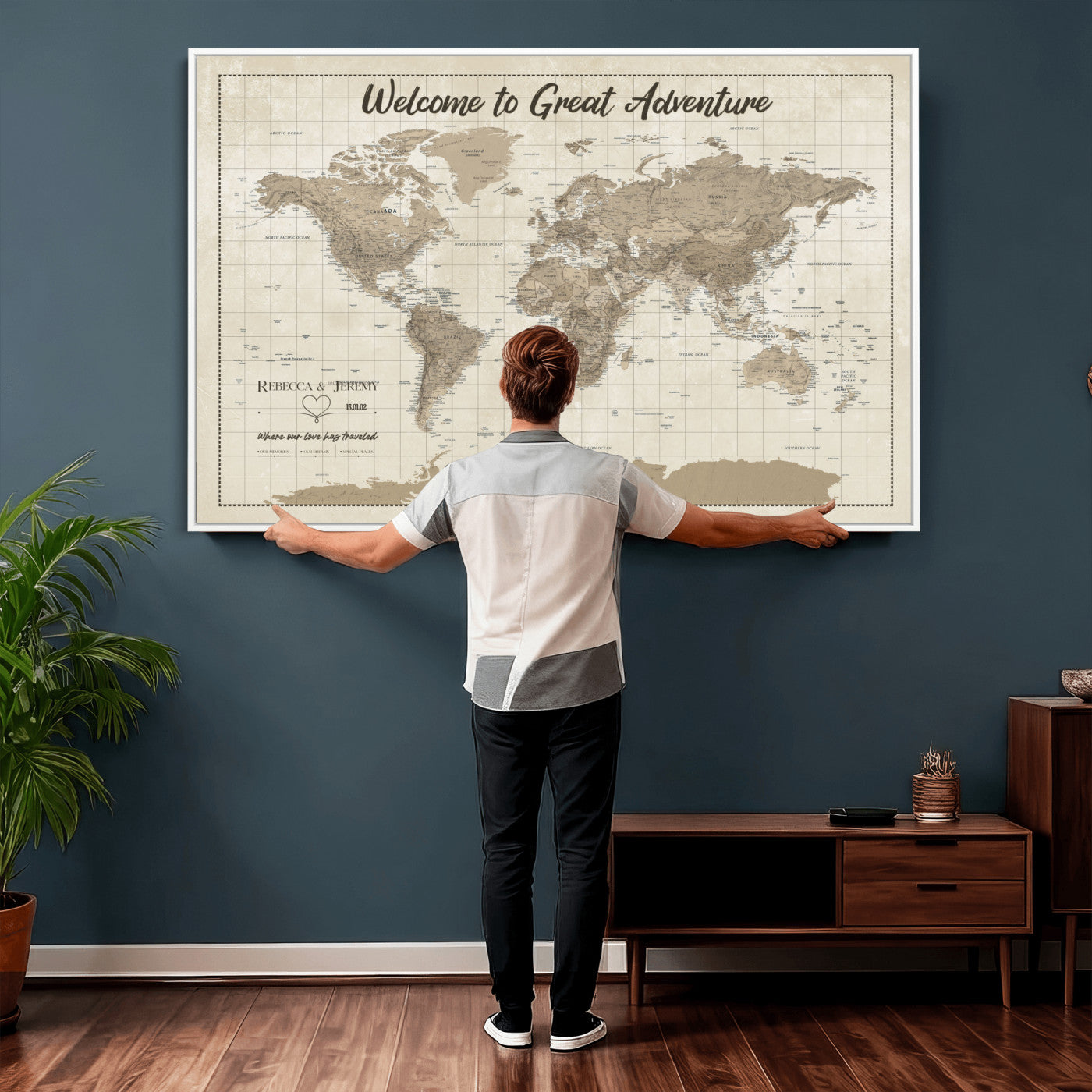 51180020-MGV-CV-36X24 - Custom Push Pin Travel Map Canvas Print, Cream Personalized Travel Tracker Map, Anniversary Gift, Vintage World Map Wall Art
