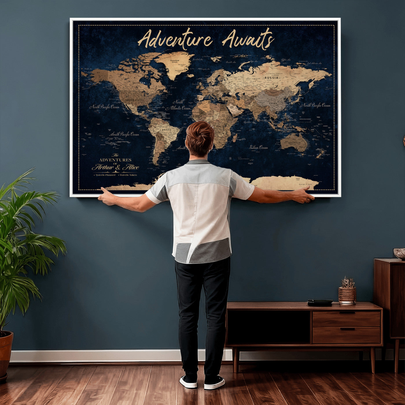 57167164-MGV-CV-36X24 - Custom Push Pin Travel Map Canvas Print, Navy Blue Personalized Travel Tracker Map, Anniversary Gift, Vintage World Map Wall Art