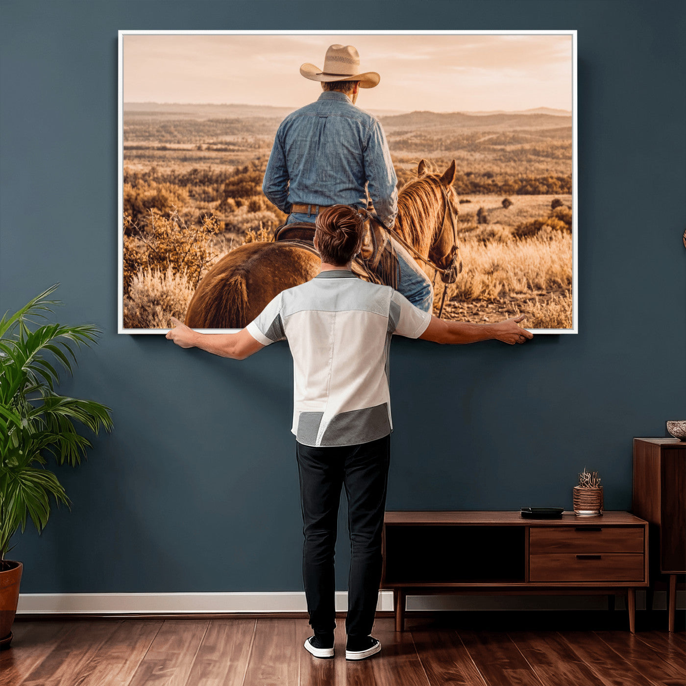 62076449-MGV-CV-36X24 - Texas Cowboy and Horse Print for Western Wall Art Decor for Farmhouse