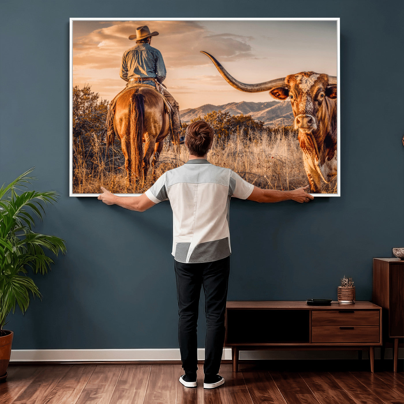 62076449C-MGV-CV-36X24 - Texas Cowboy and Longhorn Bull Print for Western Wall Art Decor for Farmhouse