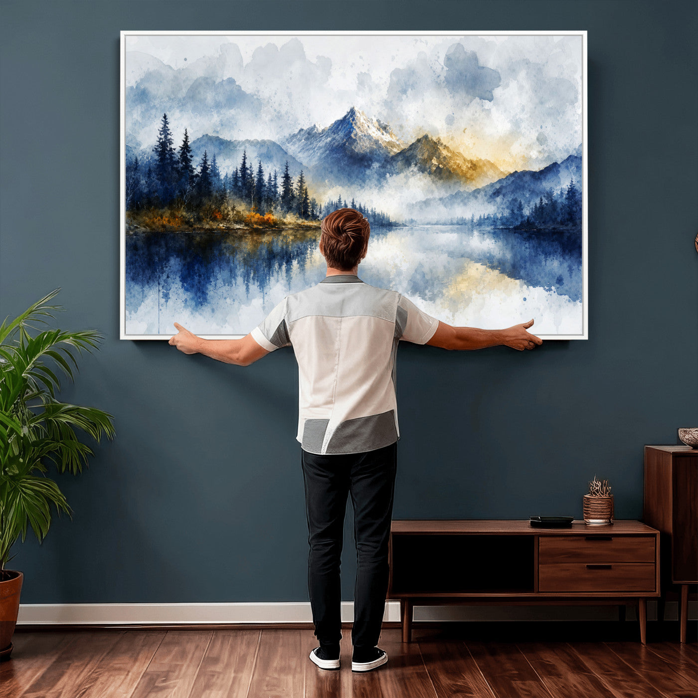 62076449DG-MGV-CV-36X24 - Abstract Watercolor Mountain Lake Wall Art Print for Living Room Decor