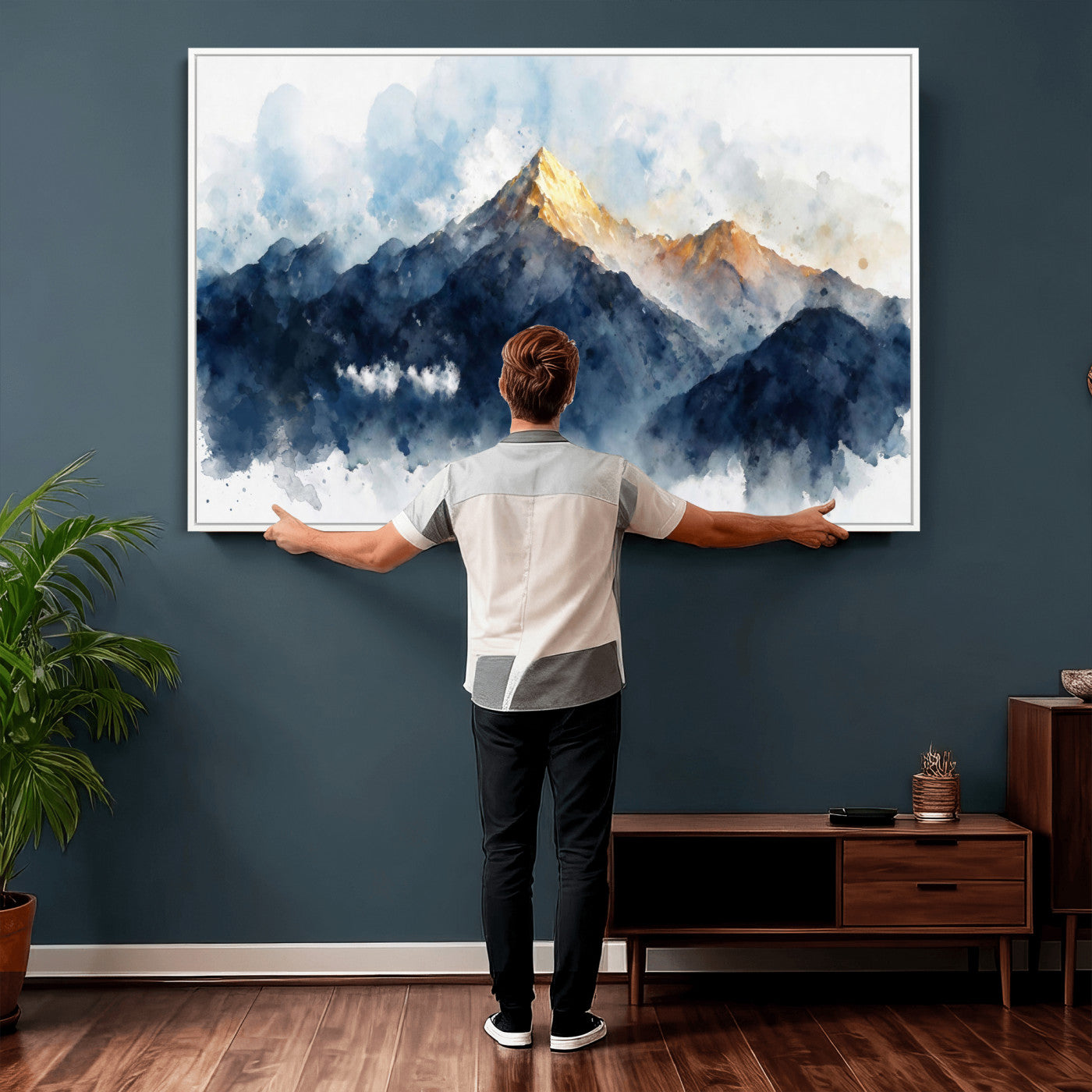 62076449DG1-MGV-CV-36X24 - Abstract Watercolor Mountain Lake Wall Art Print for Living Room Decor