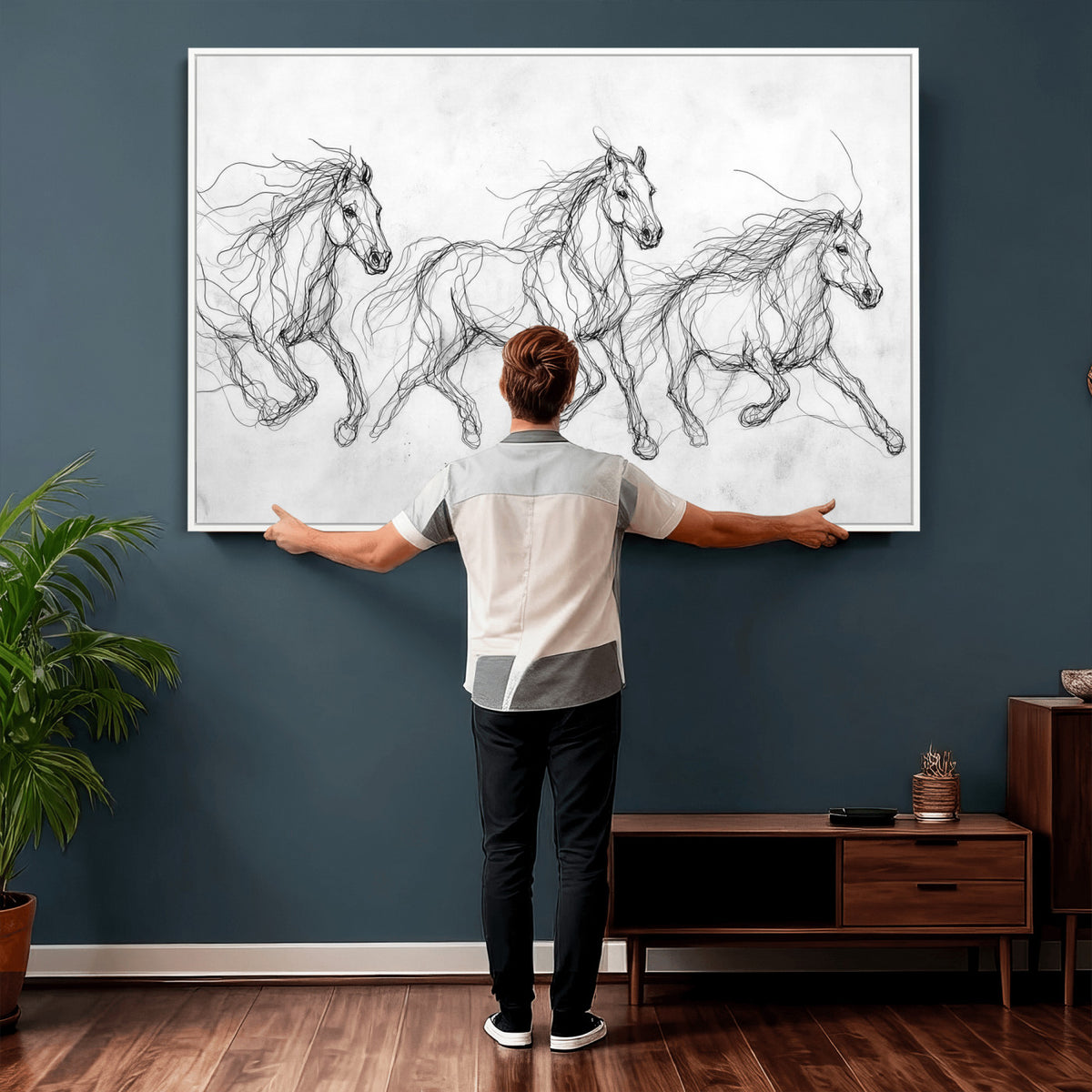 53600119-MGV-CV-36X24 - Monochrome Horse Canvas Wall Art, Black Ink Sketch Wild Horses Print, Minimalist Equestrian Artwork, Modern Abstract Line Decor, Urban Loft Gift