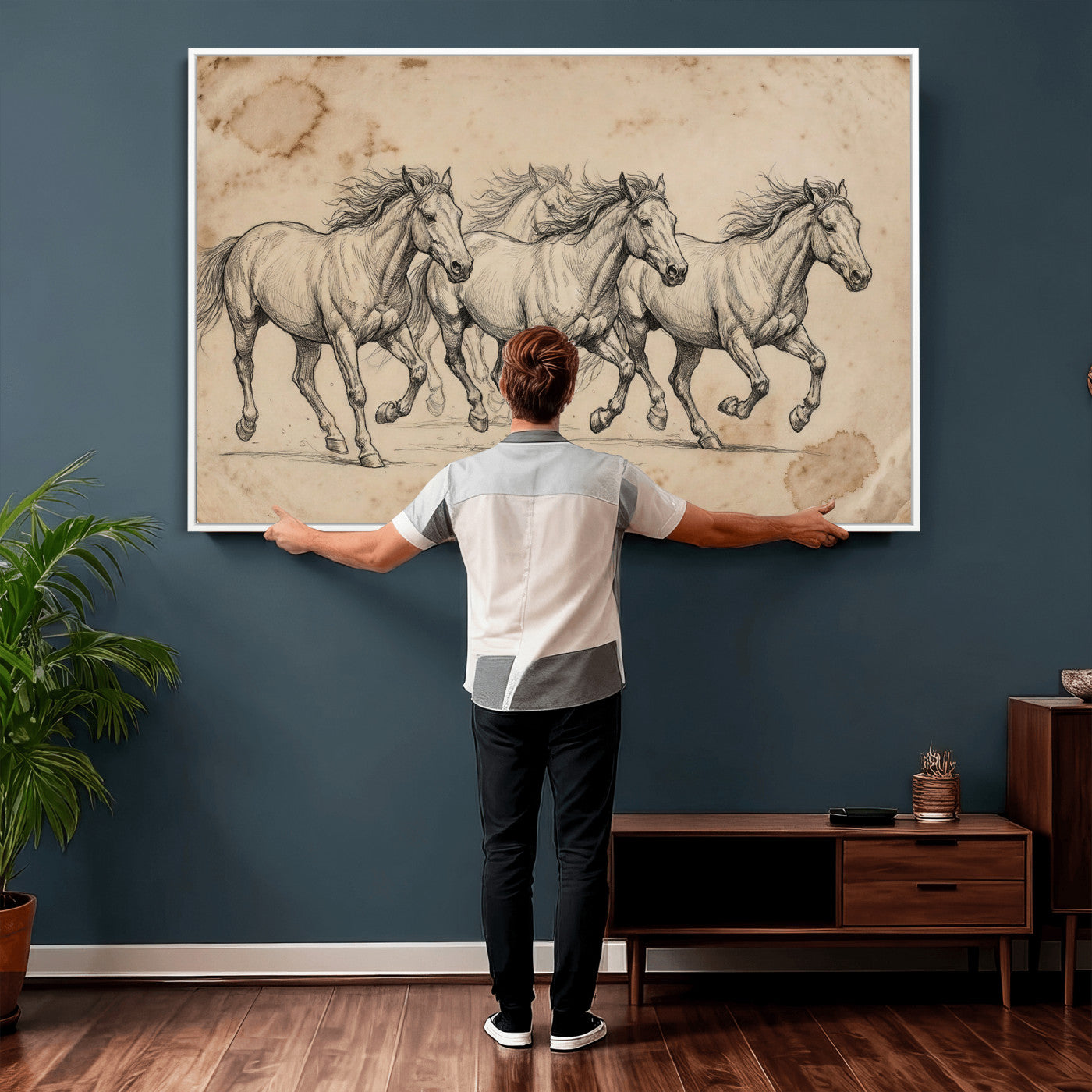 56046981-MGV-CV-36X24 - Sepia Wild Horses Canvas Art, Antique Pencil Drawing Print, Vintage Gallery Wall Decor, Rustic Equestrian Artwork, Traditional Den Gift