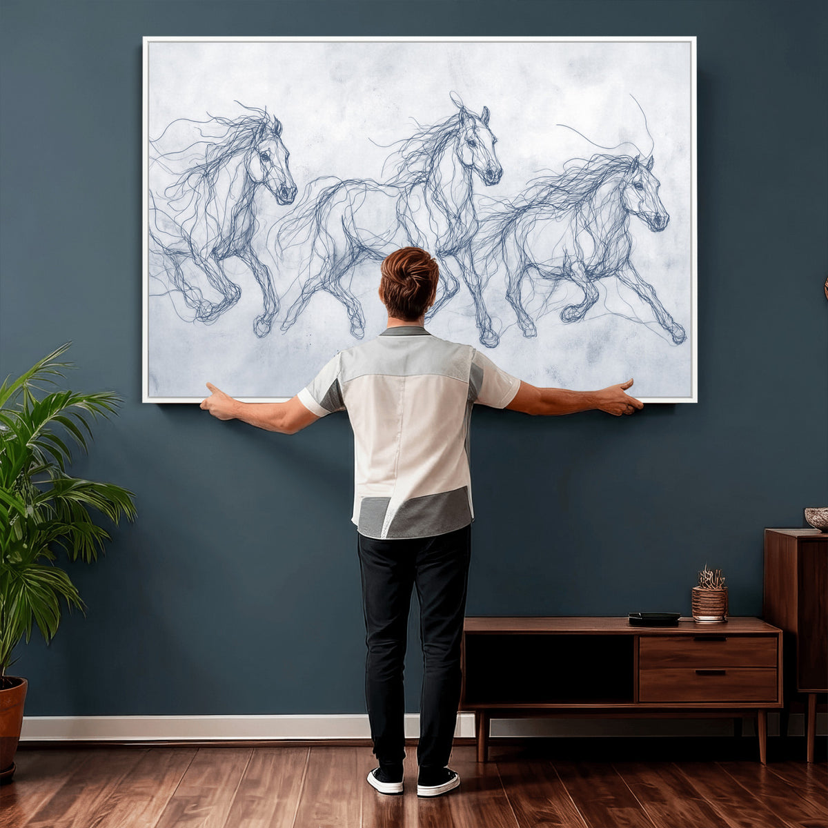 41163601-MGV-CV-36X24 - Indigo Blue Horse Line Art Canvas, Steel Grey Wild Horses Print, Abstract Navy Scribble Artwork, Modern Slate Equine Wall Decor, Coastal Ranch Gift