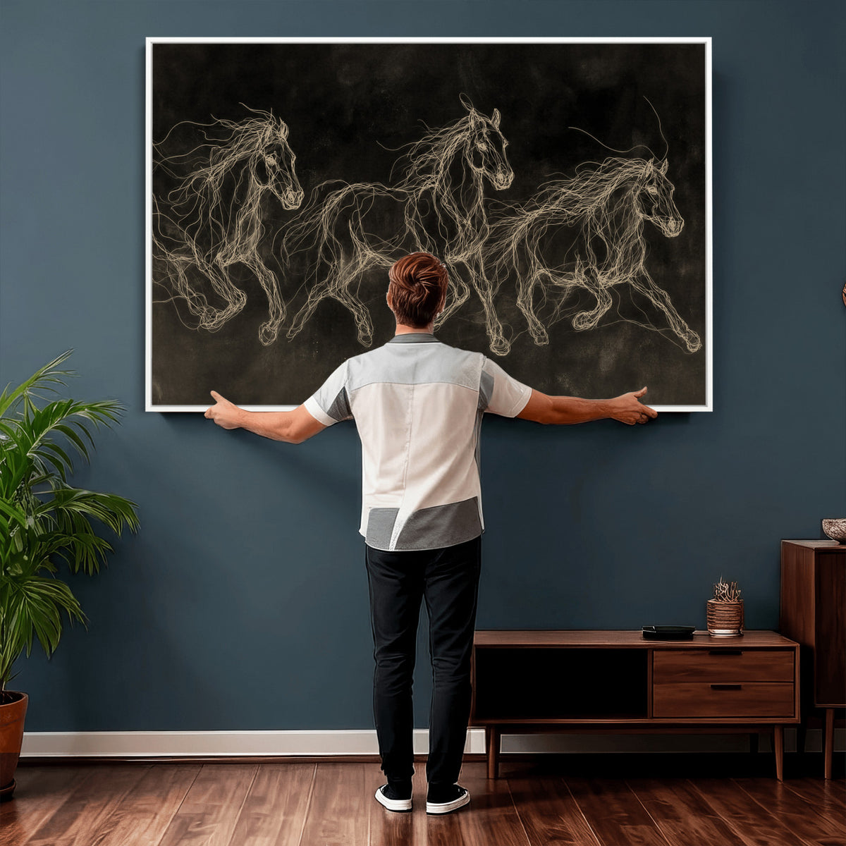 15344242-MGV-CV-36X24 - Dark Horse Line Art Canvas, Gold Scribble Wild Horses Print, Black Chalkboard Wall Art, Modern Luxury Equine Decor, Masculine Office Gift