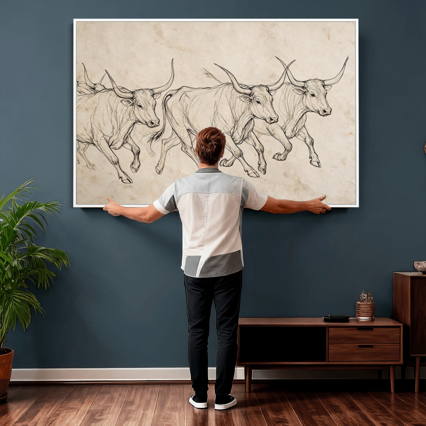 87177621-MGV-CV-36X24 - Minimalist Longhorn Line Art, Modern Texas Bull Canvas Print, Abstract Western Wall Decor, Continuous Line Artwork, Black White Ranch Gift