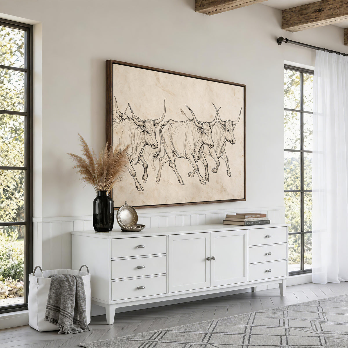 87177621-MGV-CV-36X24 - Minimalist Longhorn Line Art, Modern Texas Bull Canvas Print, Abstract Western Wall Decor