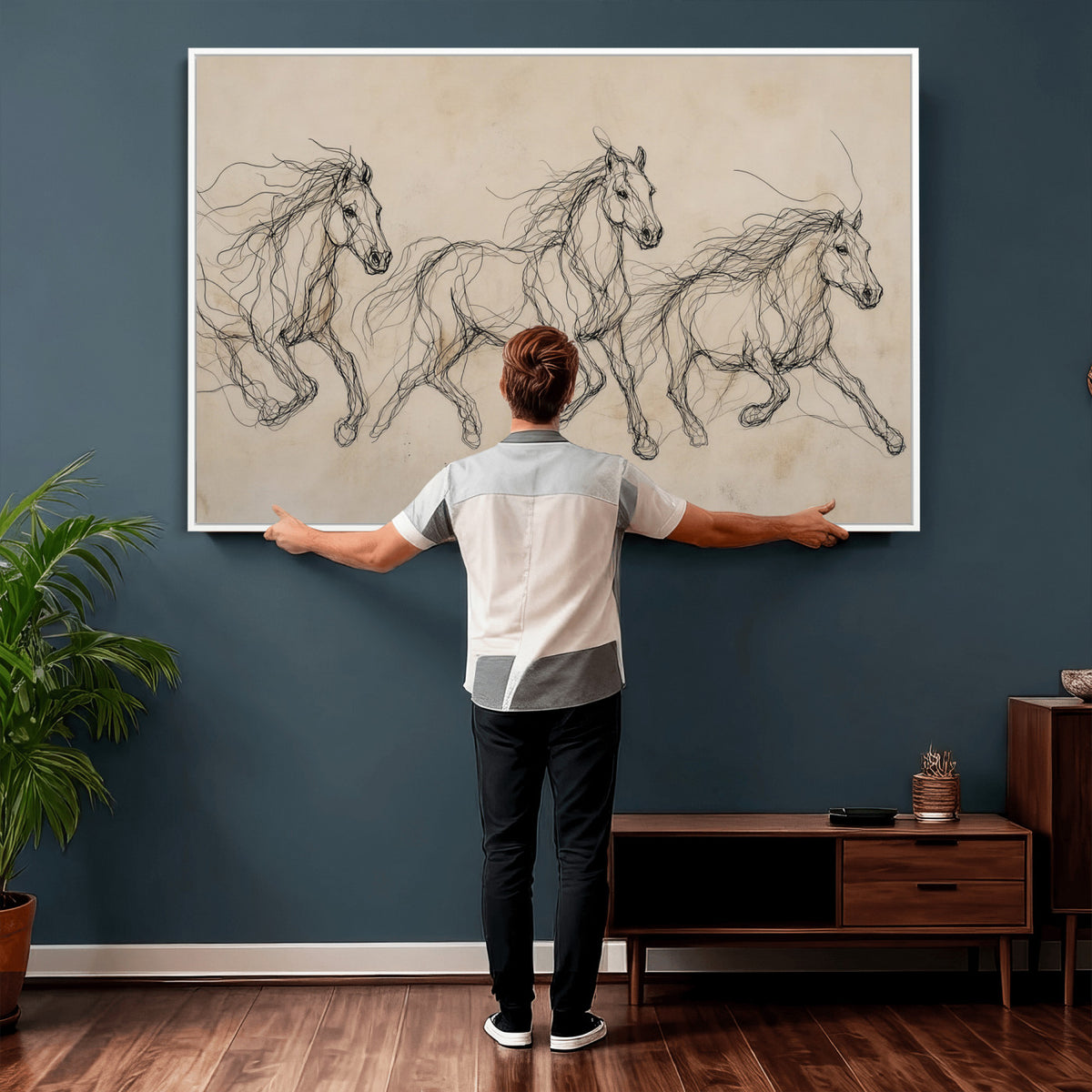 81051673-MGV-CV-36X24 - Abstract Horse Line Art Canvas, Gesture Sketch Wild Horses Print, Modern Scribble Artwork, Minimalist Equine Wall Decor, Rustic Studio Gift