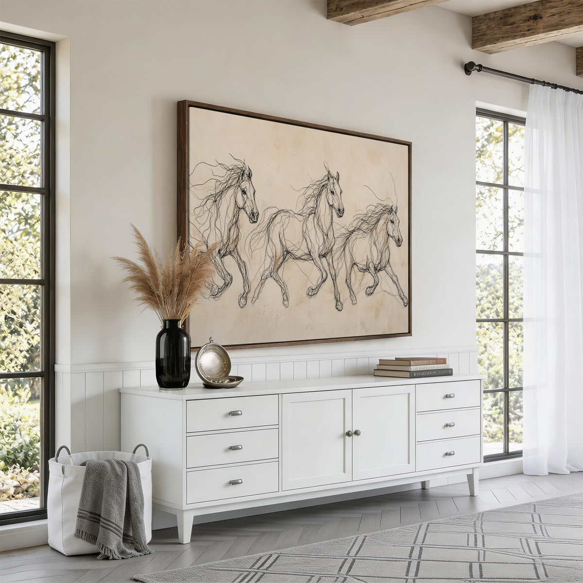 81051673-MGV-CV-36X24 - Abstract Horse Line Art Canvas, Gesture Sketch Wild Horses Print, Minimalist Equine Decor