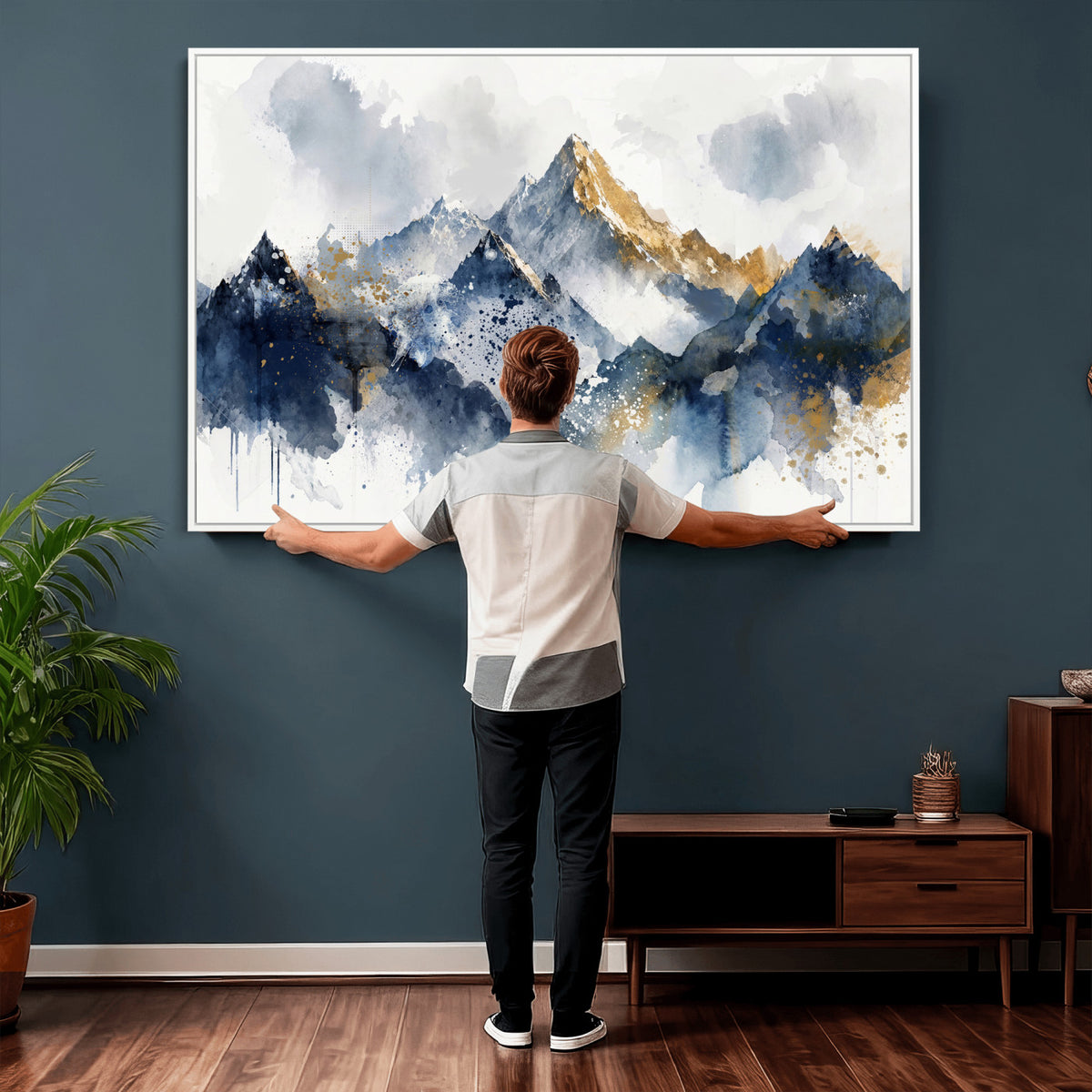87460616-MGV-CV-36X24 - Abstract Mountain Canvas Wall Art, Blue Gold Foil Landscape Print, Modern Indigo Watercolor Poster, Large Abstract Nature, Luxury Office Gift