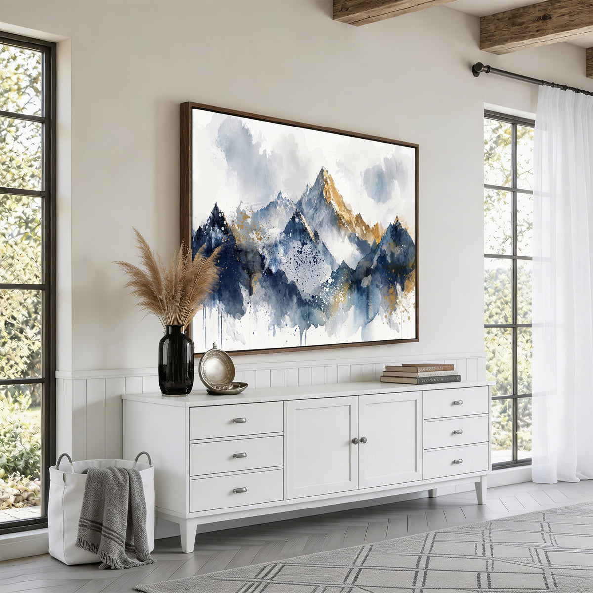 87460616-MGV-CV-36X24 - Abstract Mountain Canvas Wall Art, Blue Gold Foil Landscape Print, Modern Indigo Wall Decor