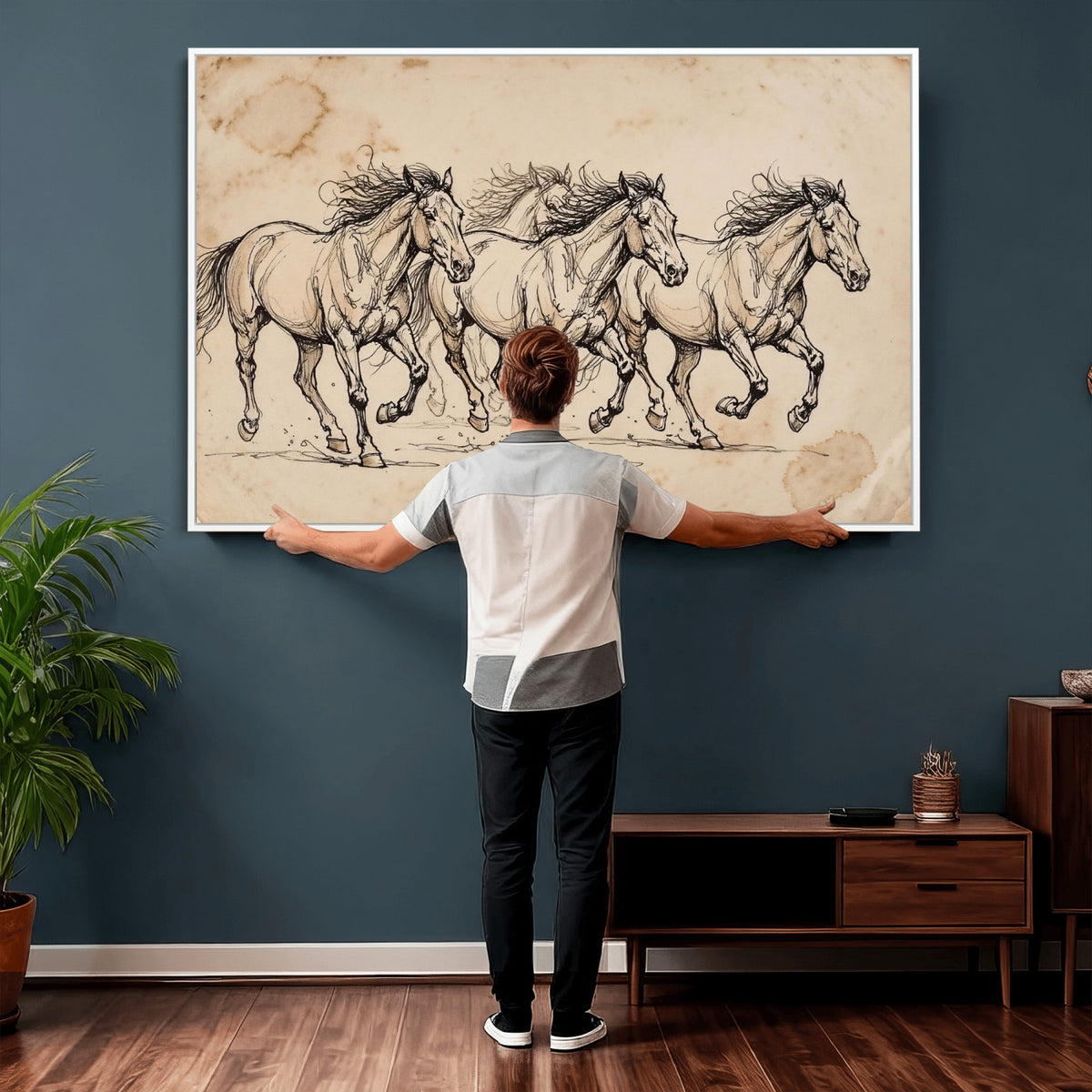 18242163-MGV-CV-36X24 - Vintage Horse Sketch Canvas Wall Art, Wild Horses Pencil Drawing Print, Antique Parchment Western Decor, Equine Sketching, Country Manor Gift