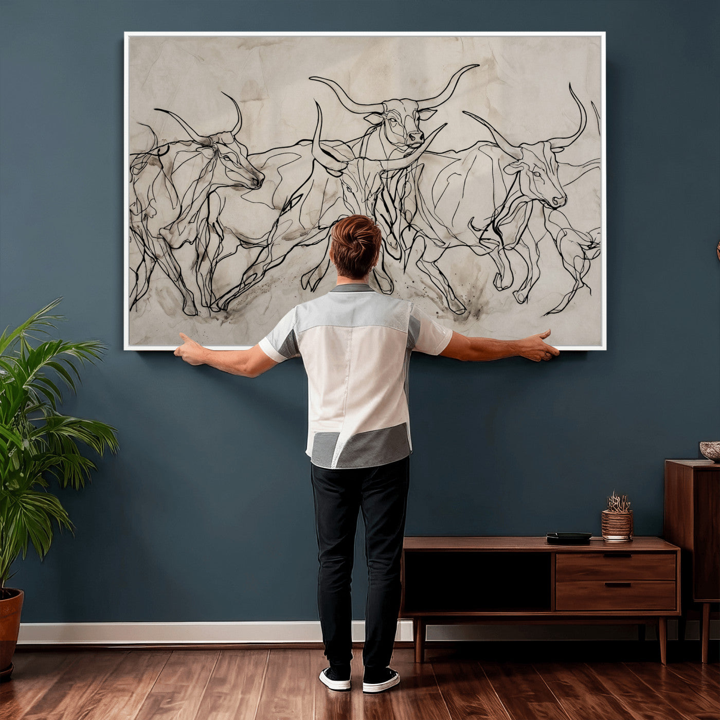 16671245-MGV-CV-36X24 - Minimalist Longhorn Line Art, Modern Texas Bull Canvas Print, Abstract Western Wall Decor, Continuous Line Artwork, Black White Ranch Gift