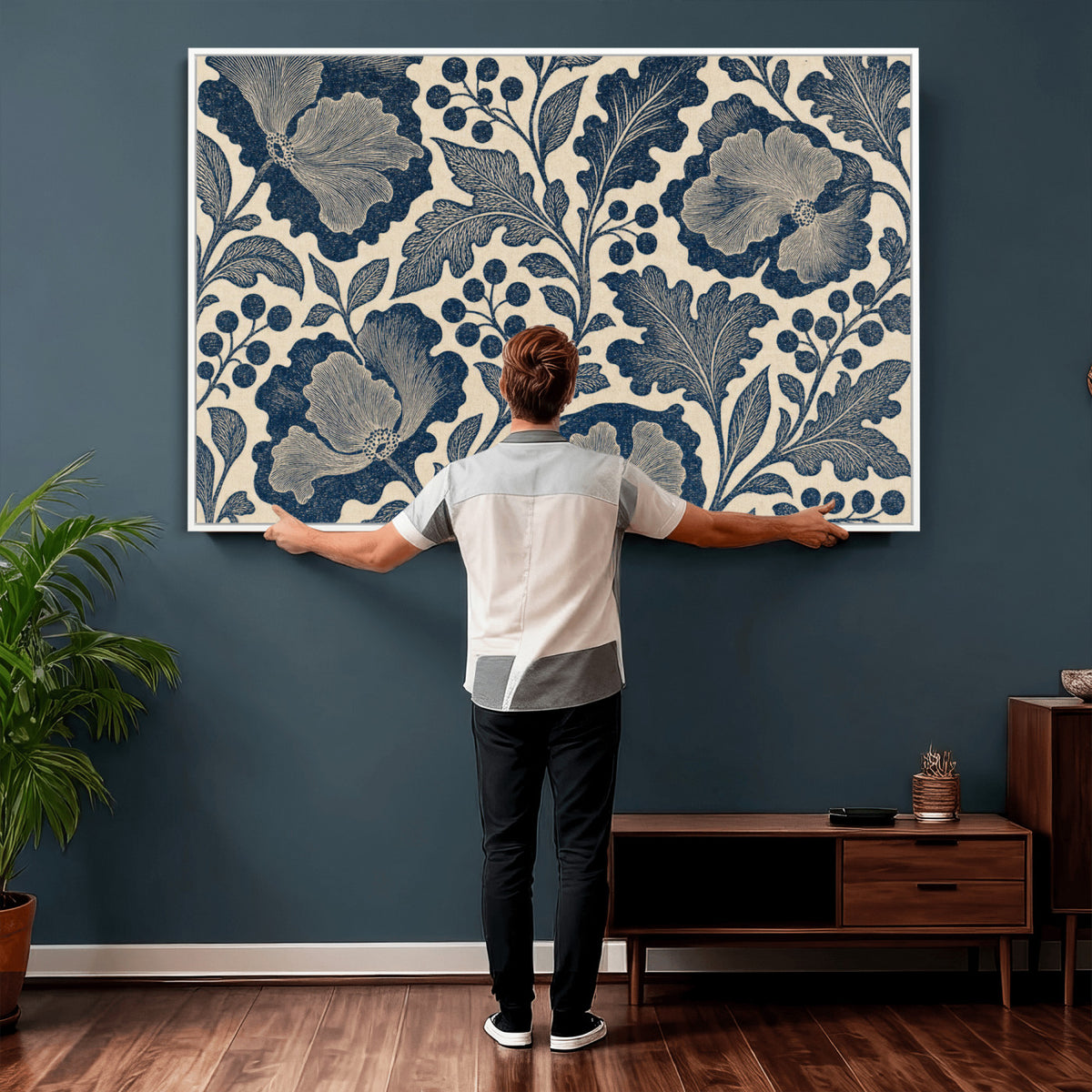 23824002-MGV-CV-36X24 - William Morris Style Navy Blue Floral Wall Art Canvas Print, Vintage Cream Botanical Painting Print