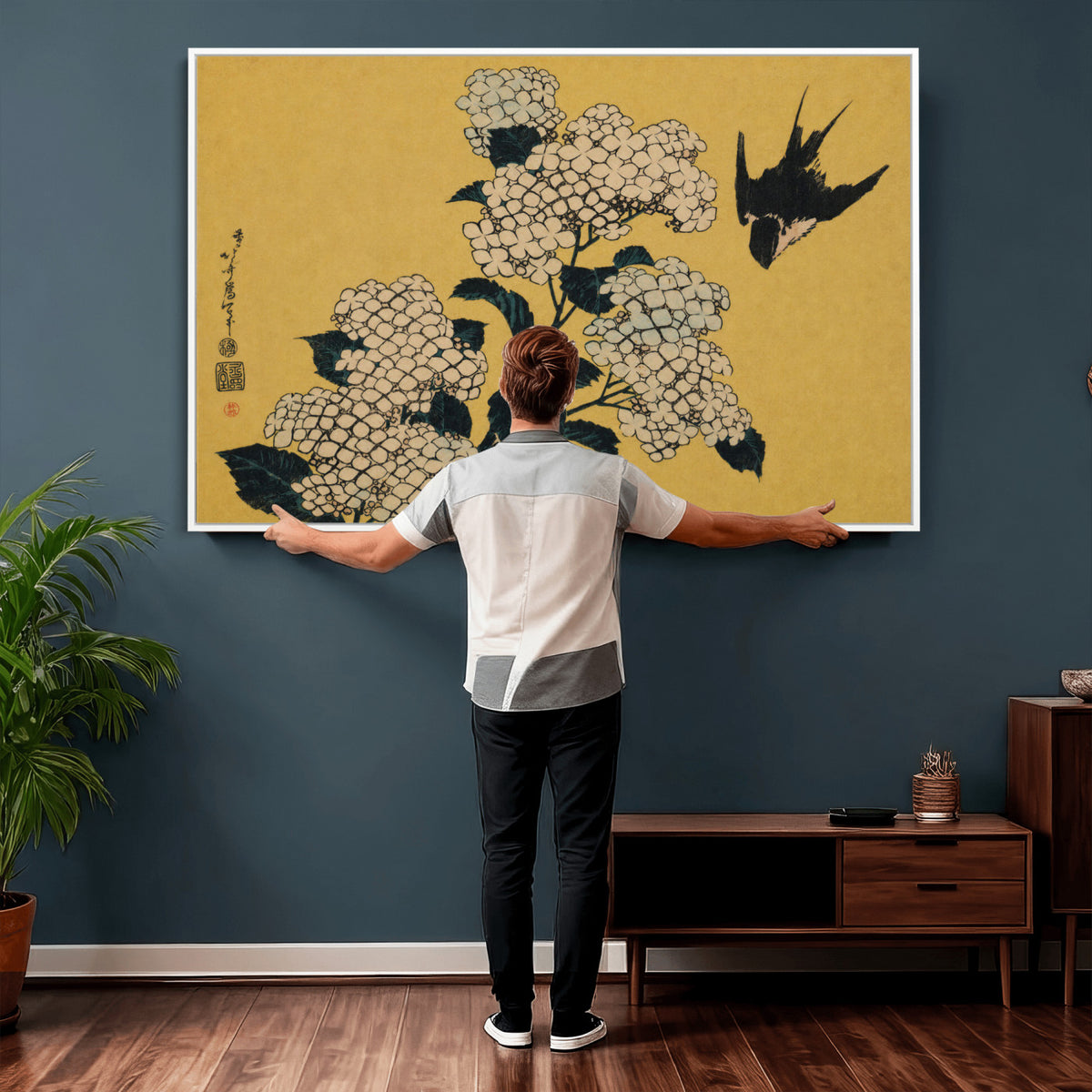 92483501-MGV-CV-36X24 - Katsushika Hokusai Hydrangea and Swallow Wall Art Canvas Print, Japanese Woodblock Painting Print