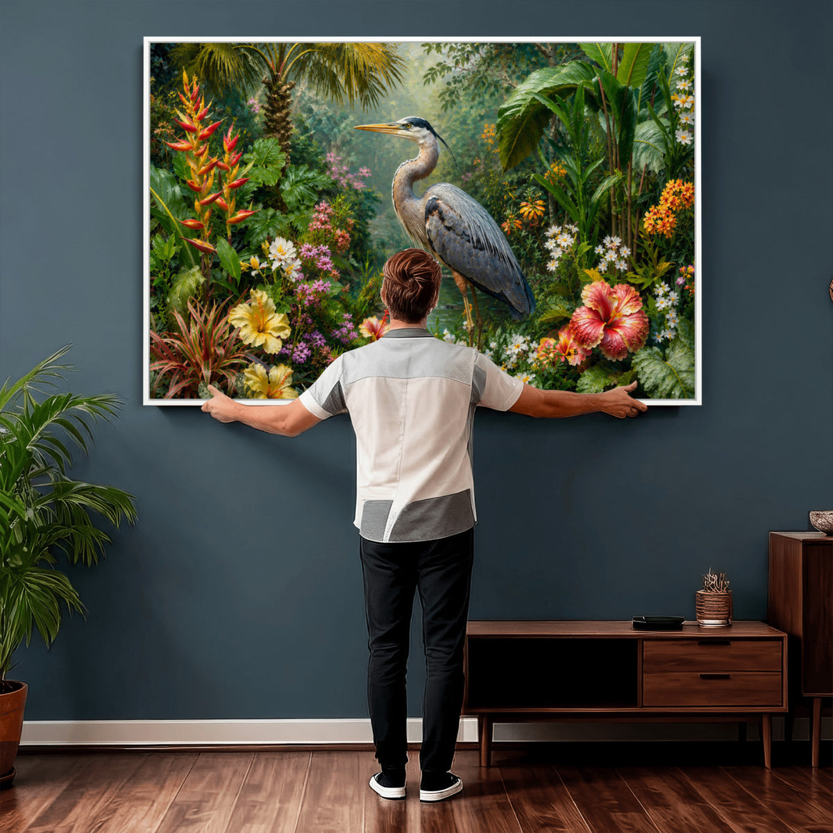 81059387-MGV-CV-36X24 - Great Blue Heron Tropical Jungle Wall Art Canvas Print, Exotic Botanical Garden Painting Print