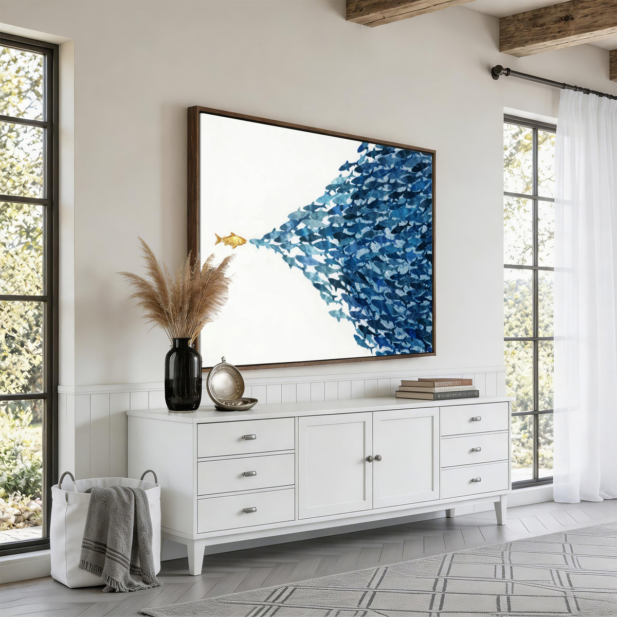 79089639-MGV-CV-36X24 - Abstract Blue Fish School Canvas Wall Art, Gold Foil Accent Marine Print