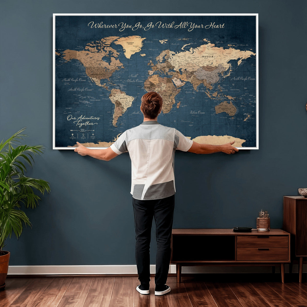 86810631-MGV-CV-36X24 - Our Family Adventures Push Pin World Map Wall Art Canvas Print - Family Travel Tracker Map with Pins
