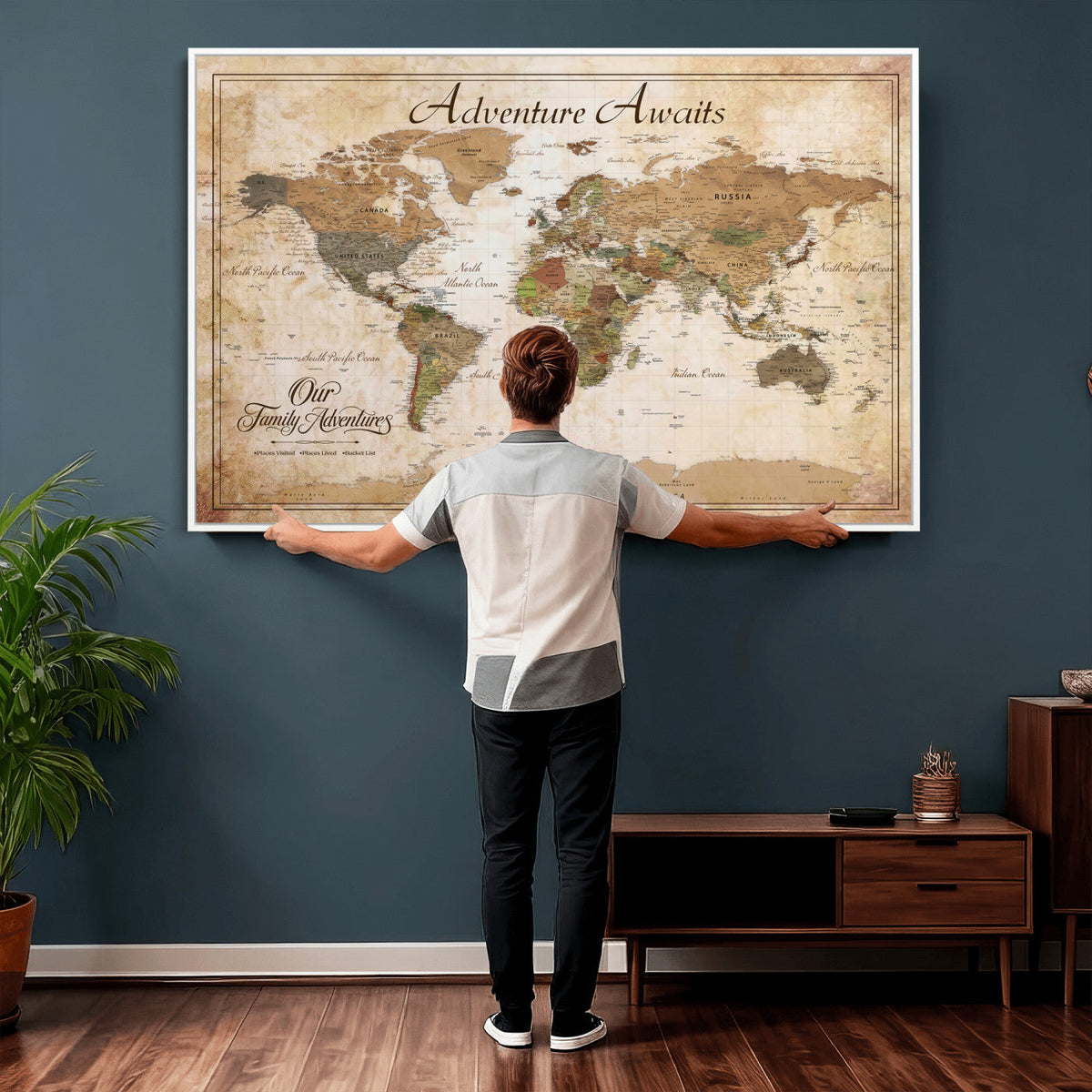 95783582-MGV-CV-36X24 - Our Family Adventures Push Pin World Map Wall Art Canvas Print - Family Travel Tracker Map with Pins